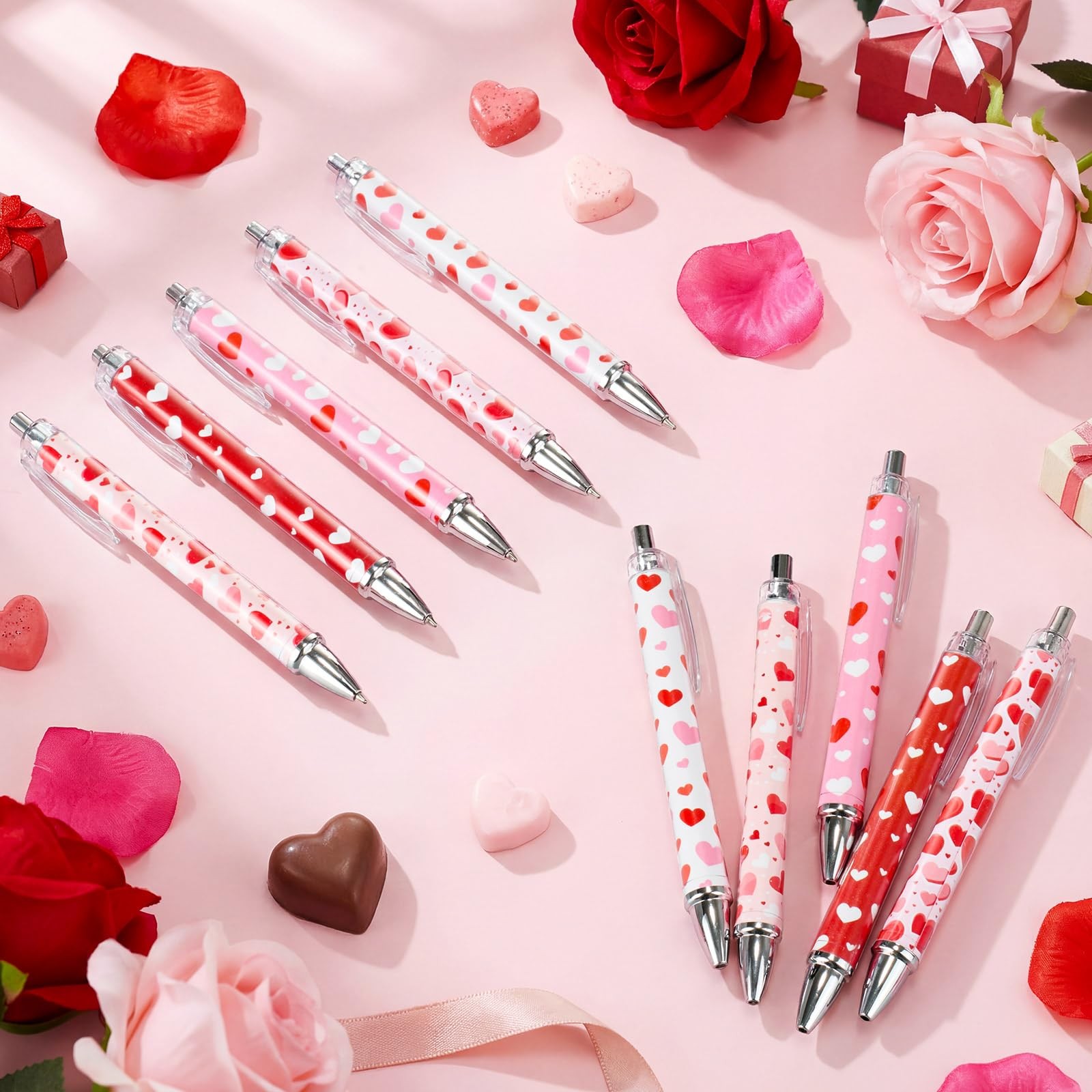 50 Pcs Valentine’s Day Pens Bulk Retractable Ballpoint Pens Black Ink Cute Heart