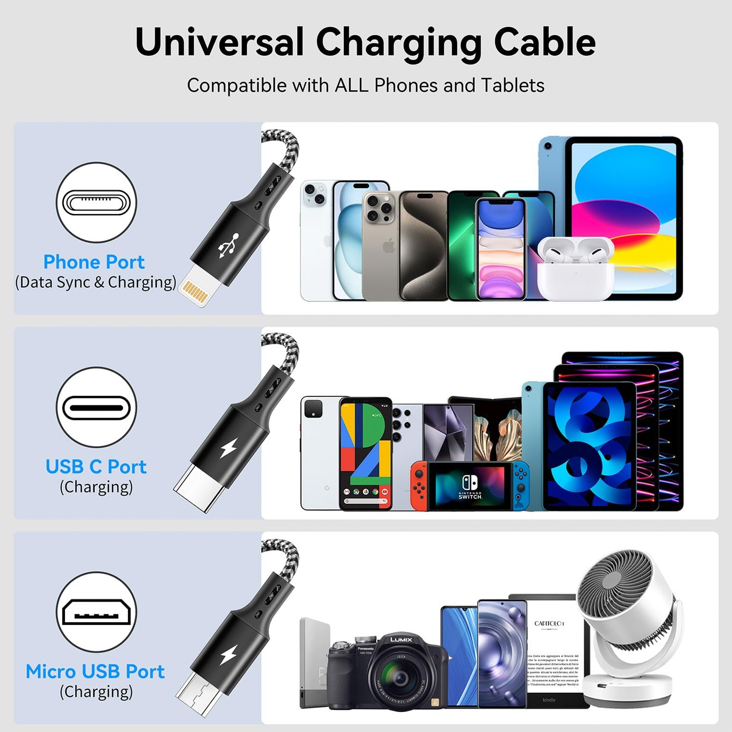 ASICEN 3 in 1 Multiple Charging Cord, Braided Multi Charger Cable USBC Charging