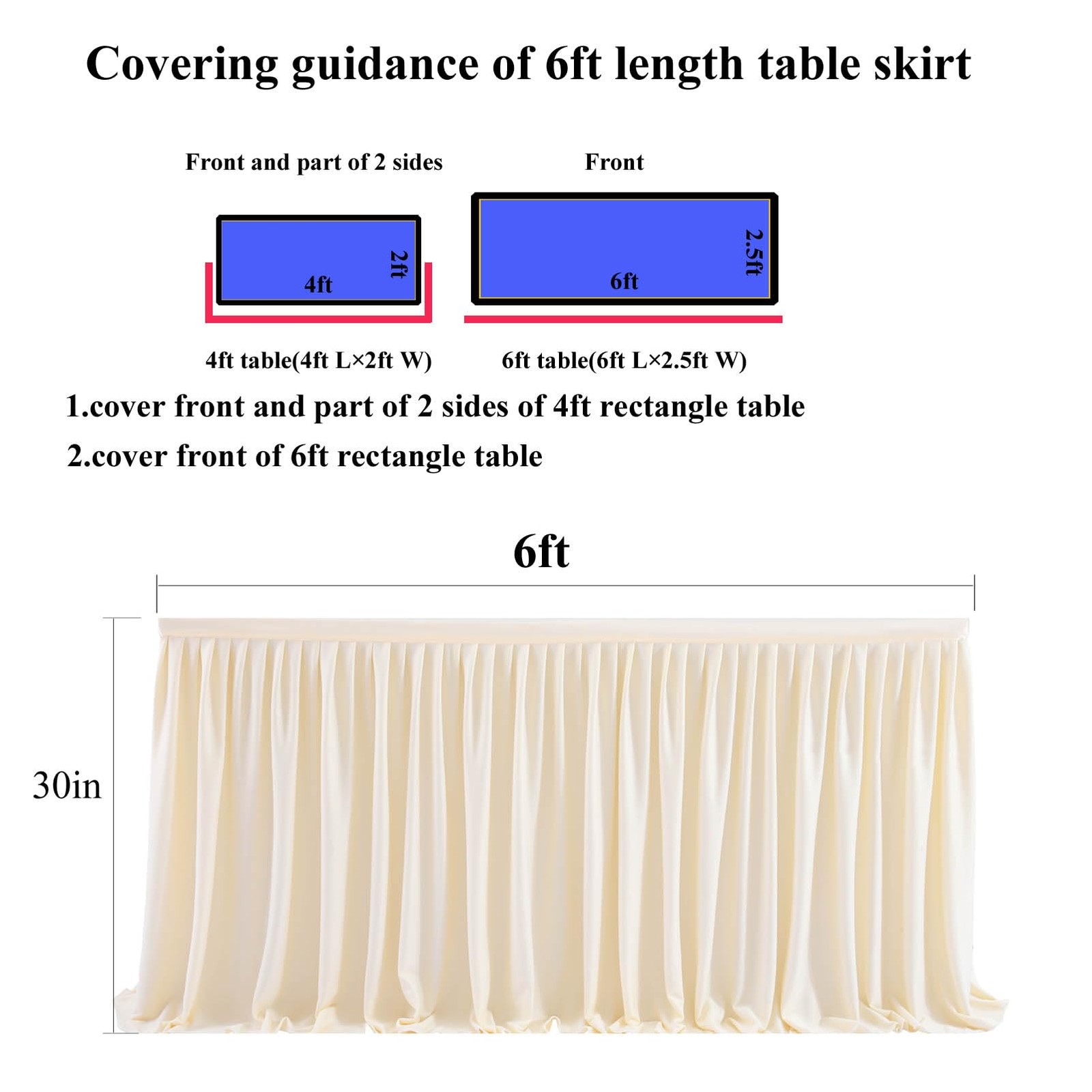 Pleated Ivory Table Skirt for Rectangle Desk 6ft Length Baby Shower Wedding G…