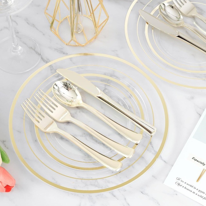 Clear Gold Plastic Plate Set (100 Guests), Plastic Plate