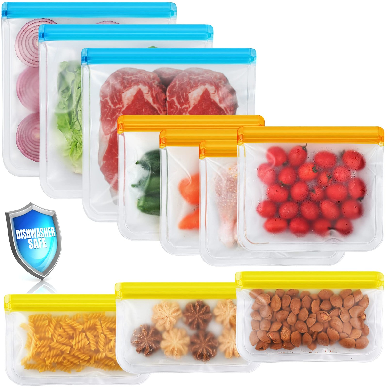 10 Pack Dishwasher Safe Reusable Bags, Leakproof Reusable Freezer Bags, BPA Free