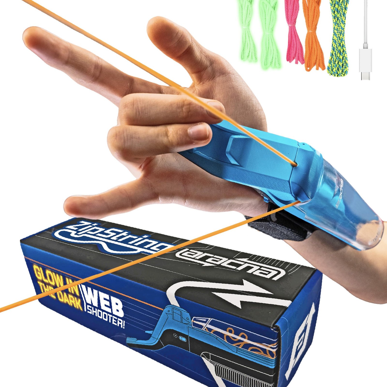 ZipString Aracna Glow-in-the-Dark Webshooter – Superhero String Launcher Blue