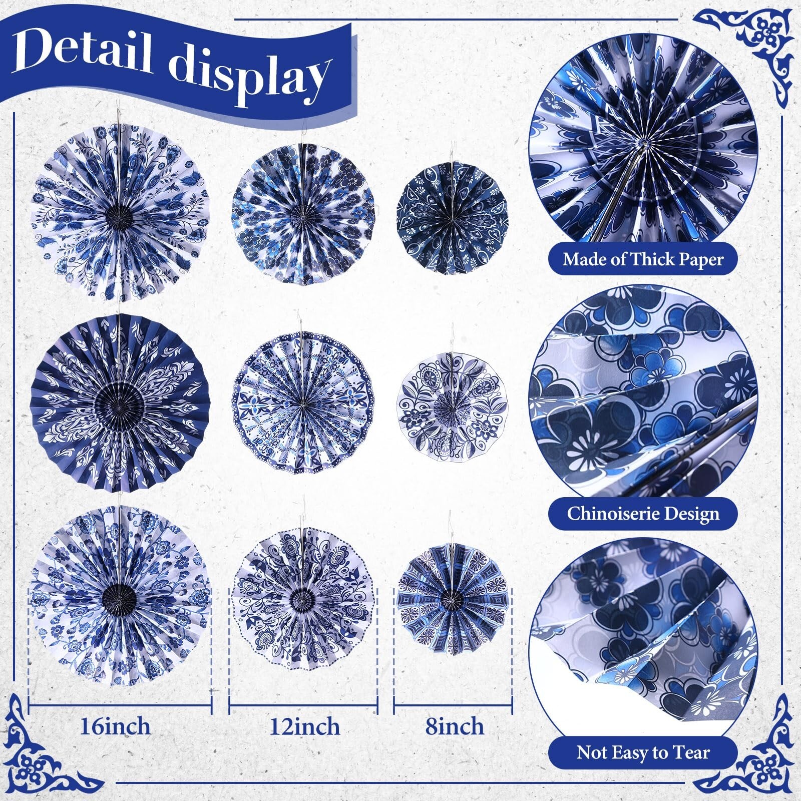 9 Pcs Chinoiserie Hanging Paper Fans Decorations Blue and White Porcelain Pri…