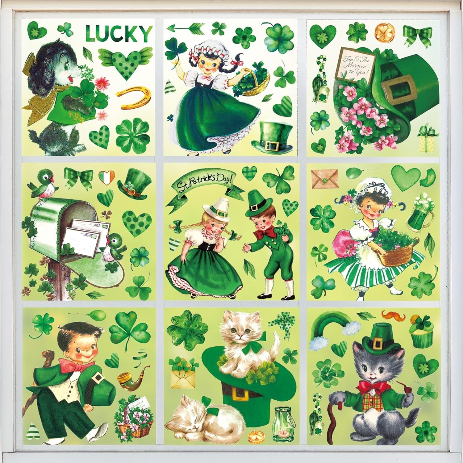 9 Sheets Vintage St. Patrick’s Day Window Cling Stickers Watercolor Retro Sham