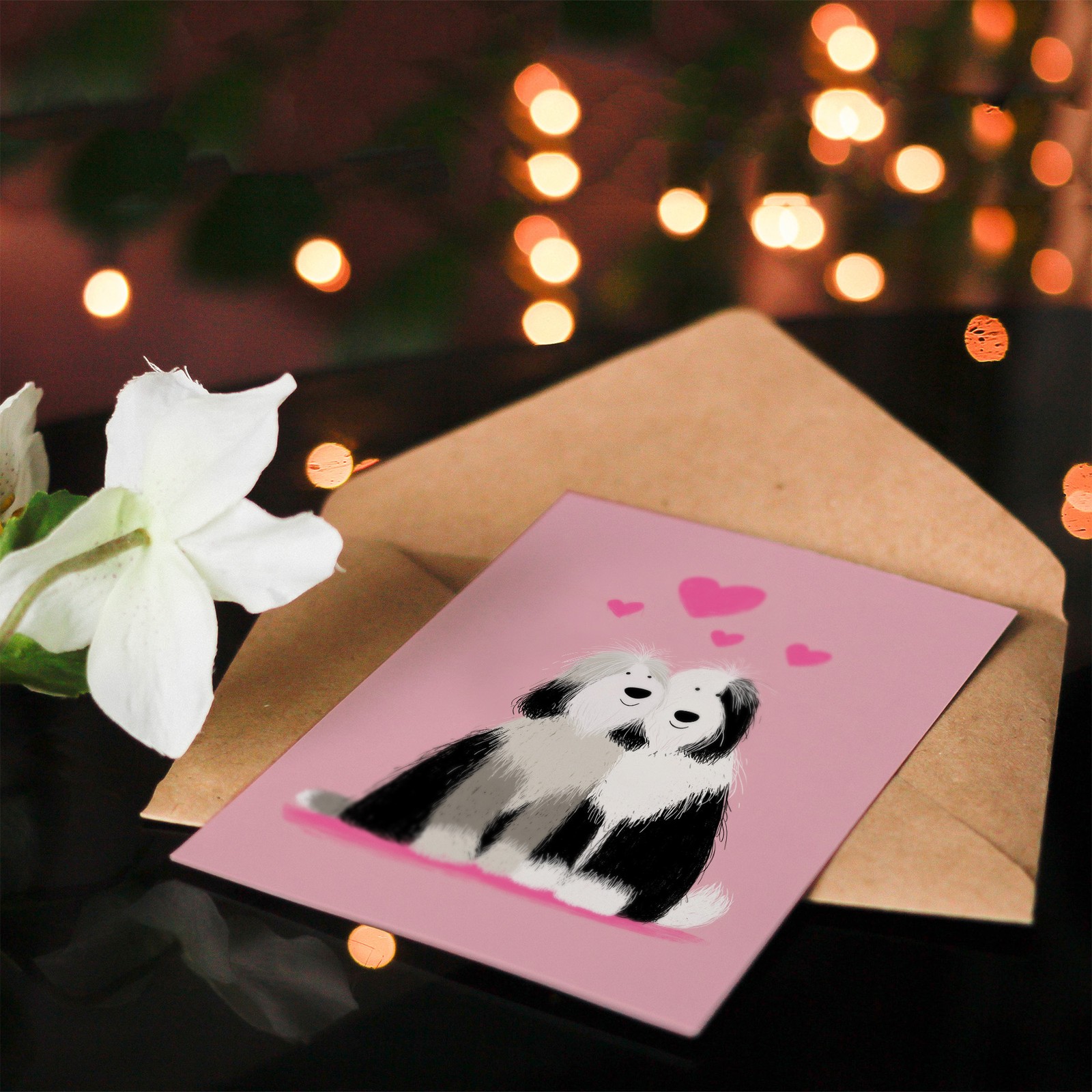 Cute Old English Sheepdogs in Love Illustration Valentine’s Day Card