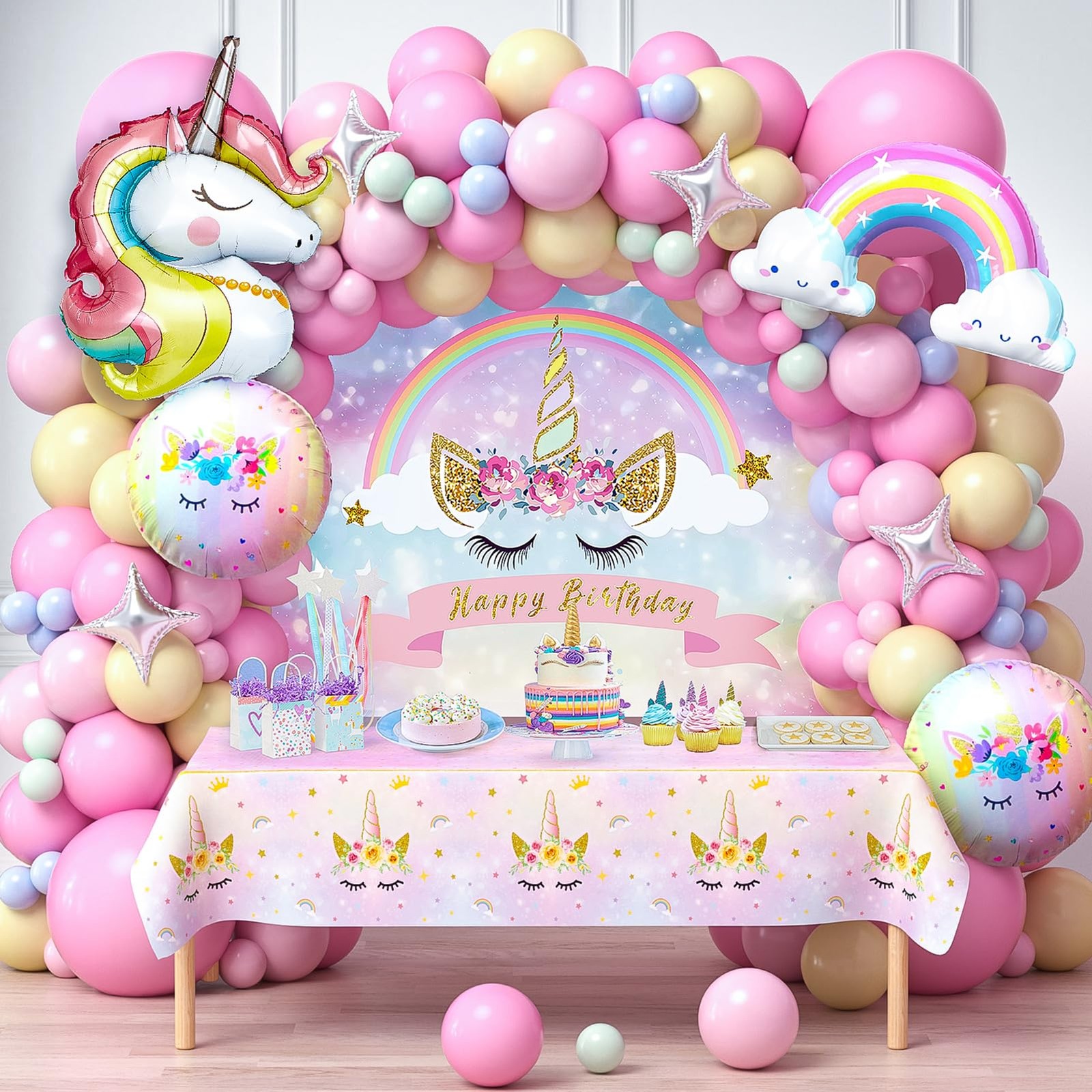 Decoracion De Unicornio Arcoiris Para Cumpleaños Globos Fondos 142 Piezas Niñas