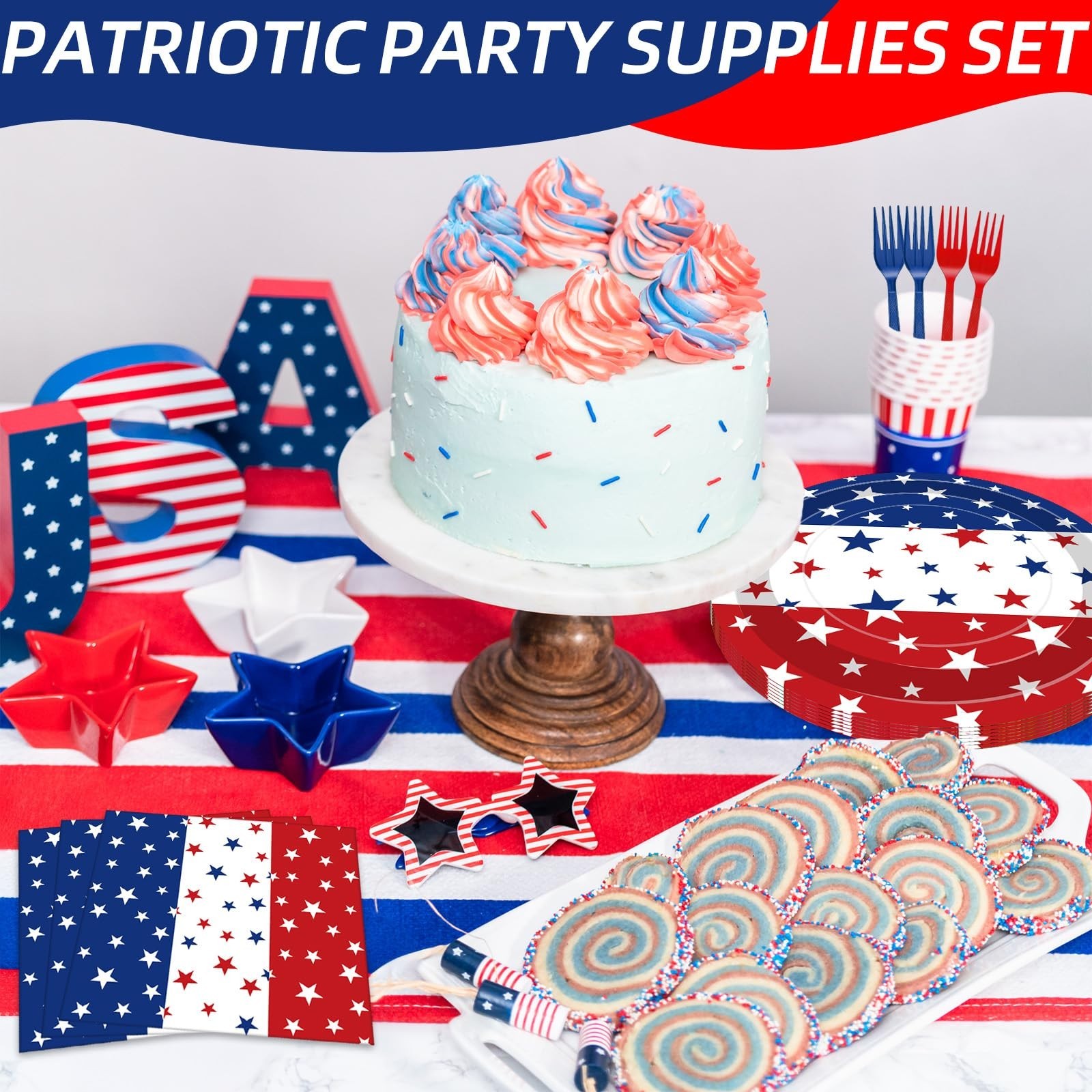 100 Pcs Patriotic Party Supplies Set – Red White Blue Star Plates, Napkins & For