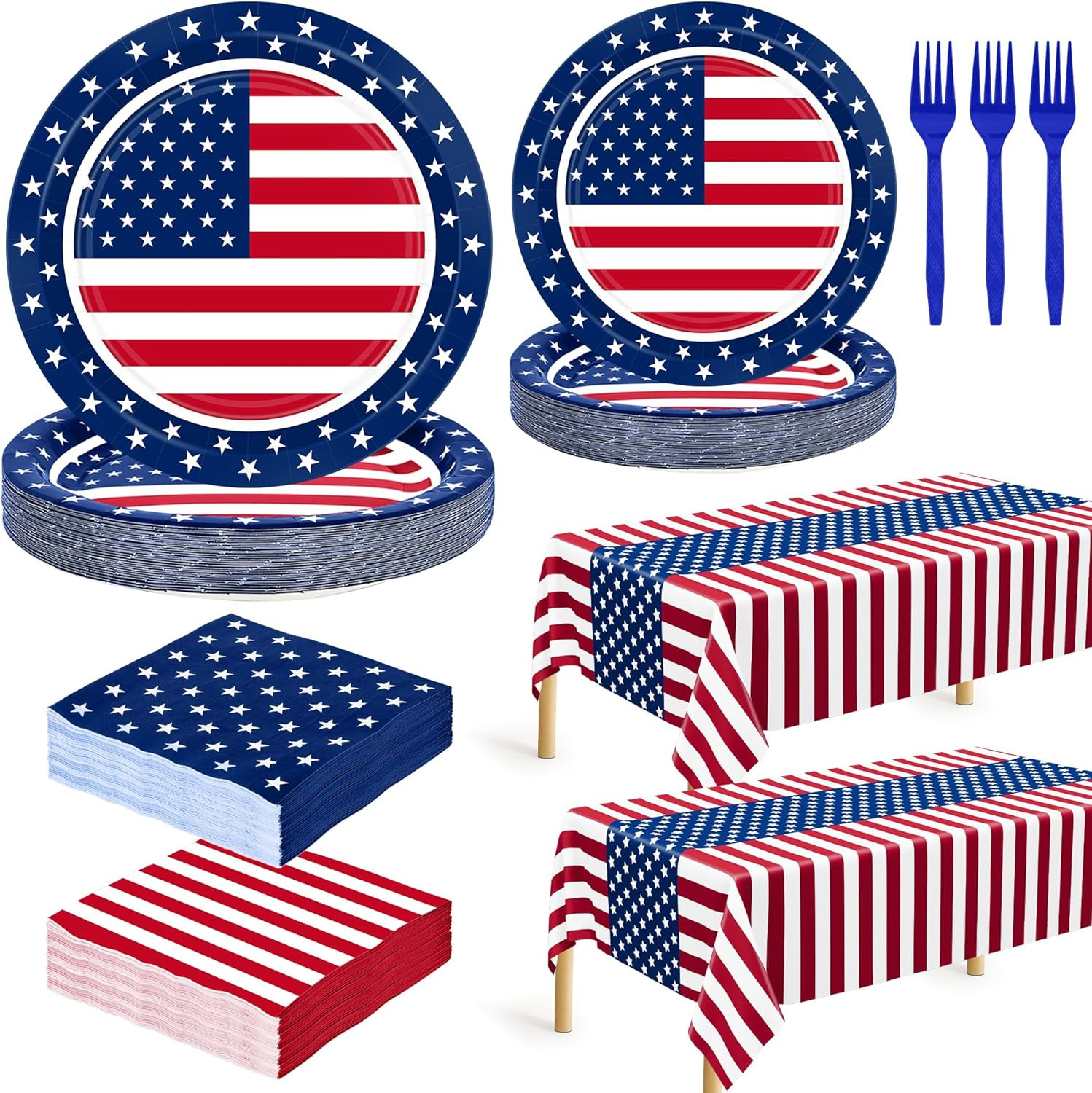 122PCS Patriotic Party Supplies Set Plates Napkins Forks Tablecloths