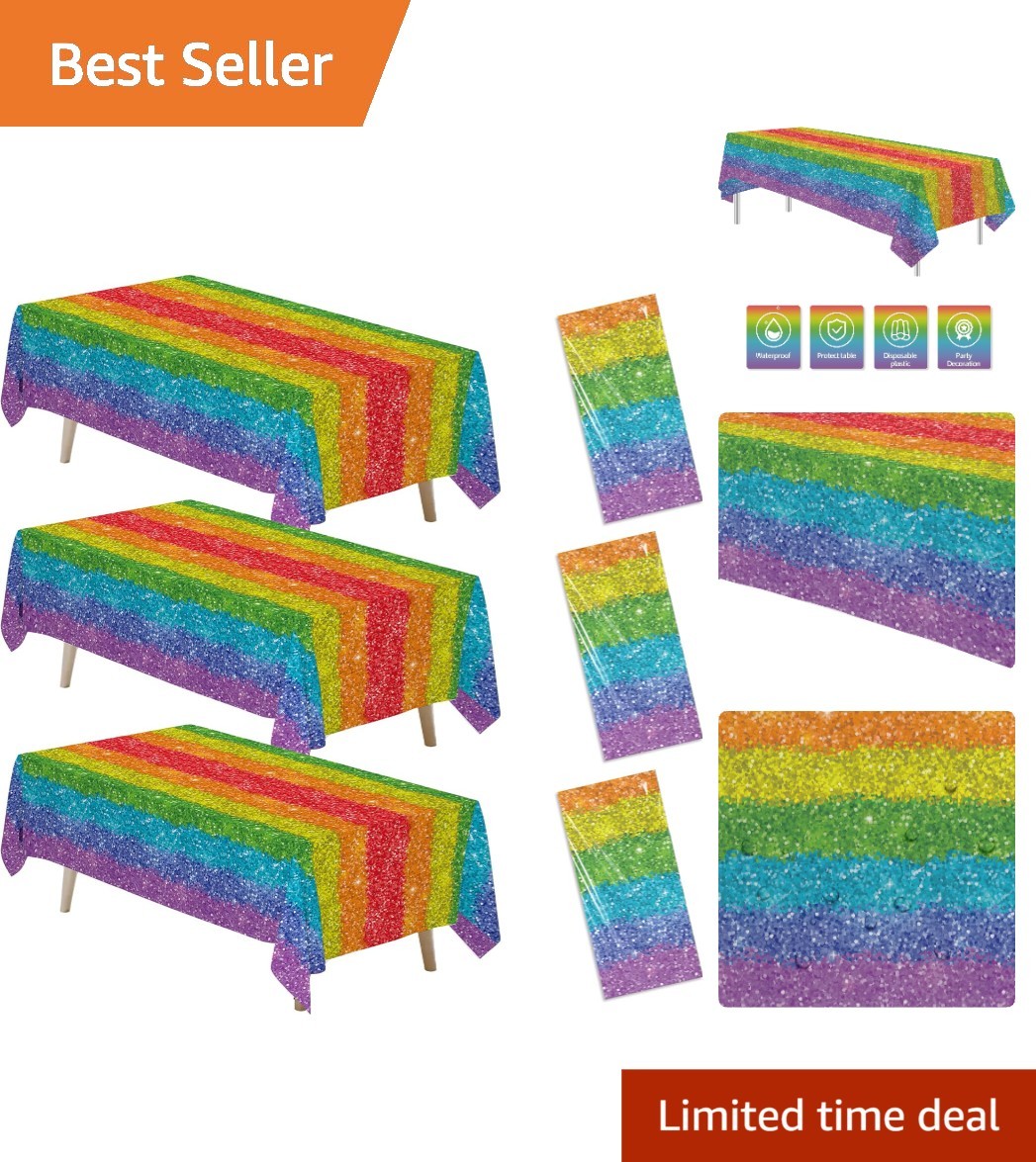 3-Pcs Rainbow Tablecloth Set 55×86 in Glitter for Birthday & Pride Celebrations
