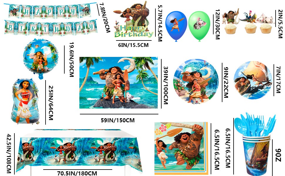 115 Pcs Moana Party Decorations and Tableware Set Tablecloth Backdrop Banner
