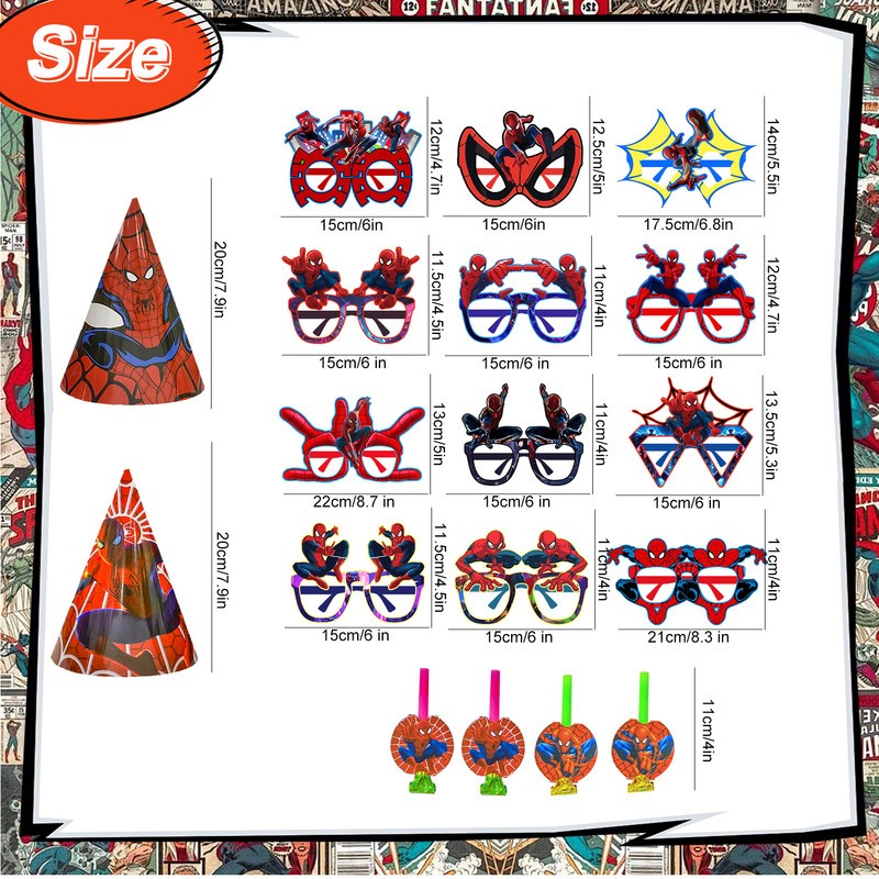 36 Pcs Spider Man Party Favors Marvel Birthday Cake Hat Blowout Photo Booth Prop