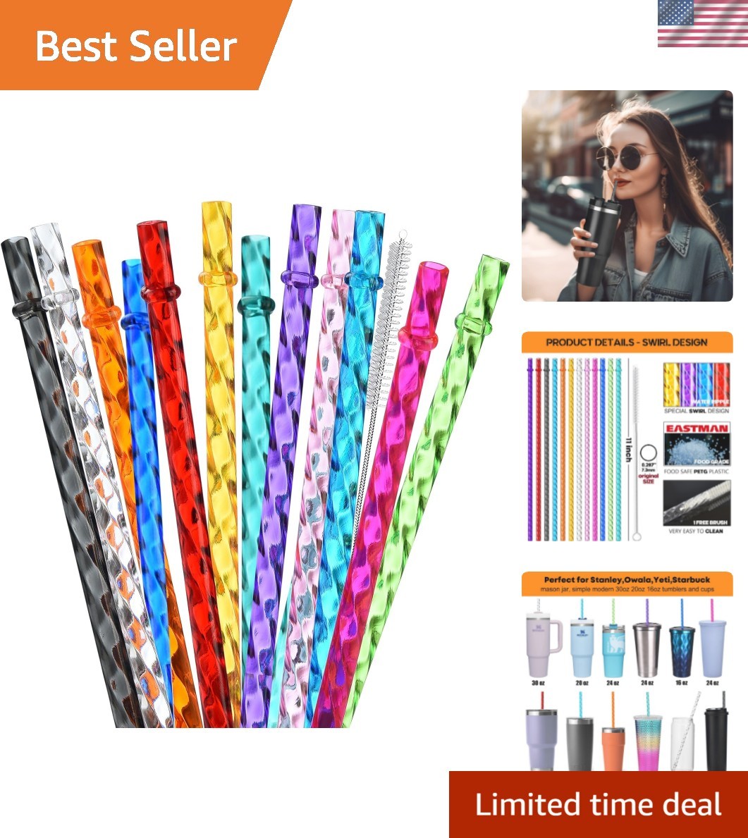 12-Pack Reusable Plastic Clear Swirl Straws, 11″ Long Colorful Hard Plastic T…