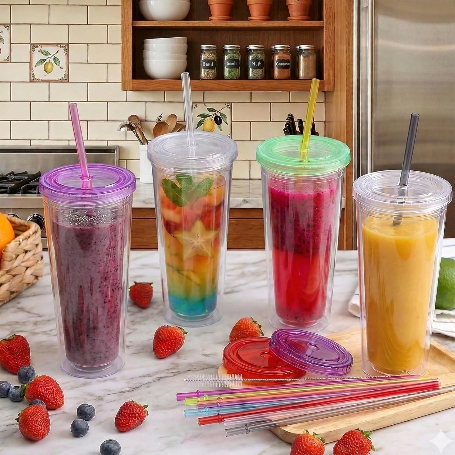 ALINK 10.5 in Long Rainbow Colored Reusable Tritan Plastic Replacement Straws fo