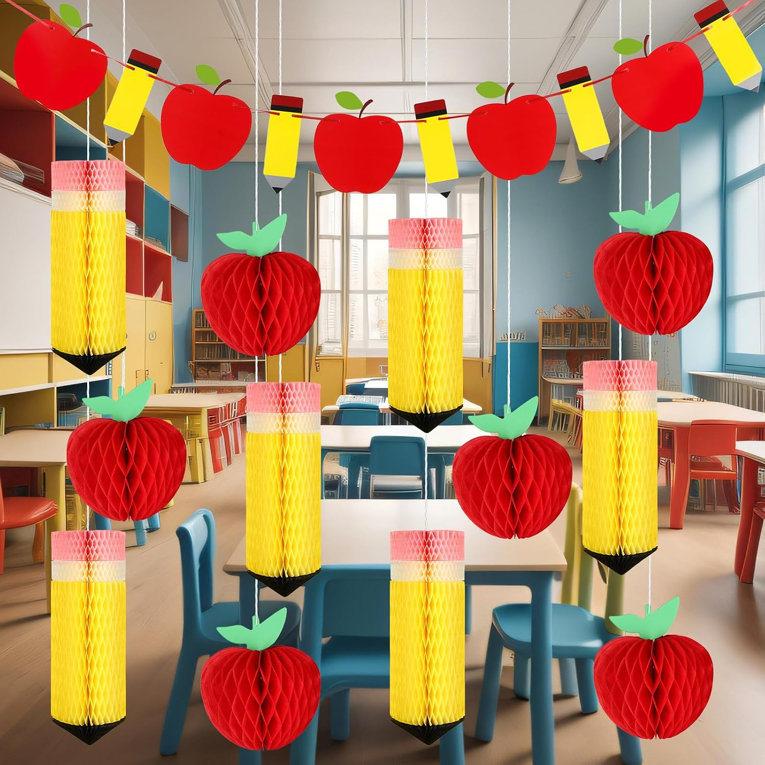 13Pcs Back to School Hanging Decorations Pencil Apple Hanging Honeycombs Classro