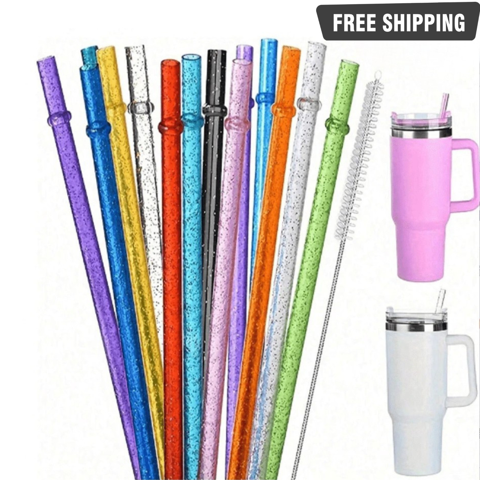 Drinking Straws with Cleaning Brush Reusable Glitter Tumbler Straws Multicolor