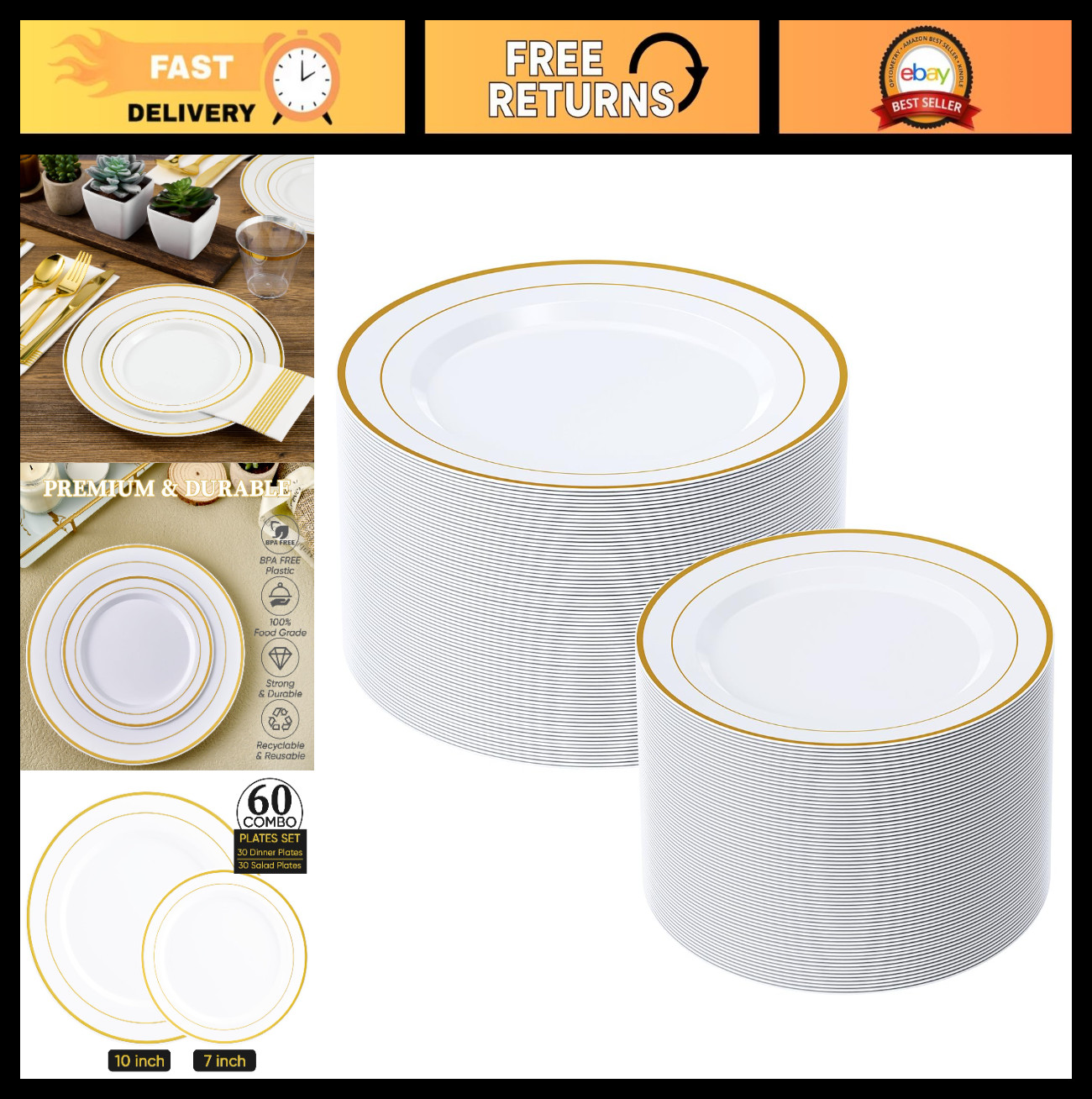 Elegant Gold Rim Disposable Plates Set of 60 – 30 Dinner & 30 Salad Plates, Heav