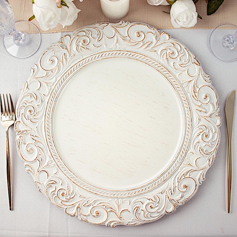 6 Antique White Gold 14″ Round Baroque Metallic Charger Plates Wedding Light