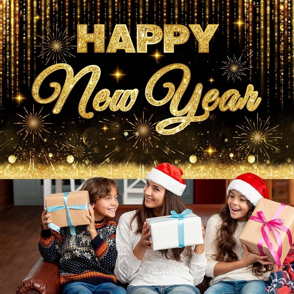 Black Gold Happy New Year 2026 Banner – Large New Years Eve Party Backdrop with