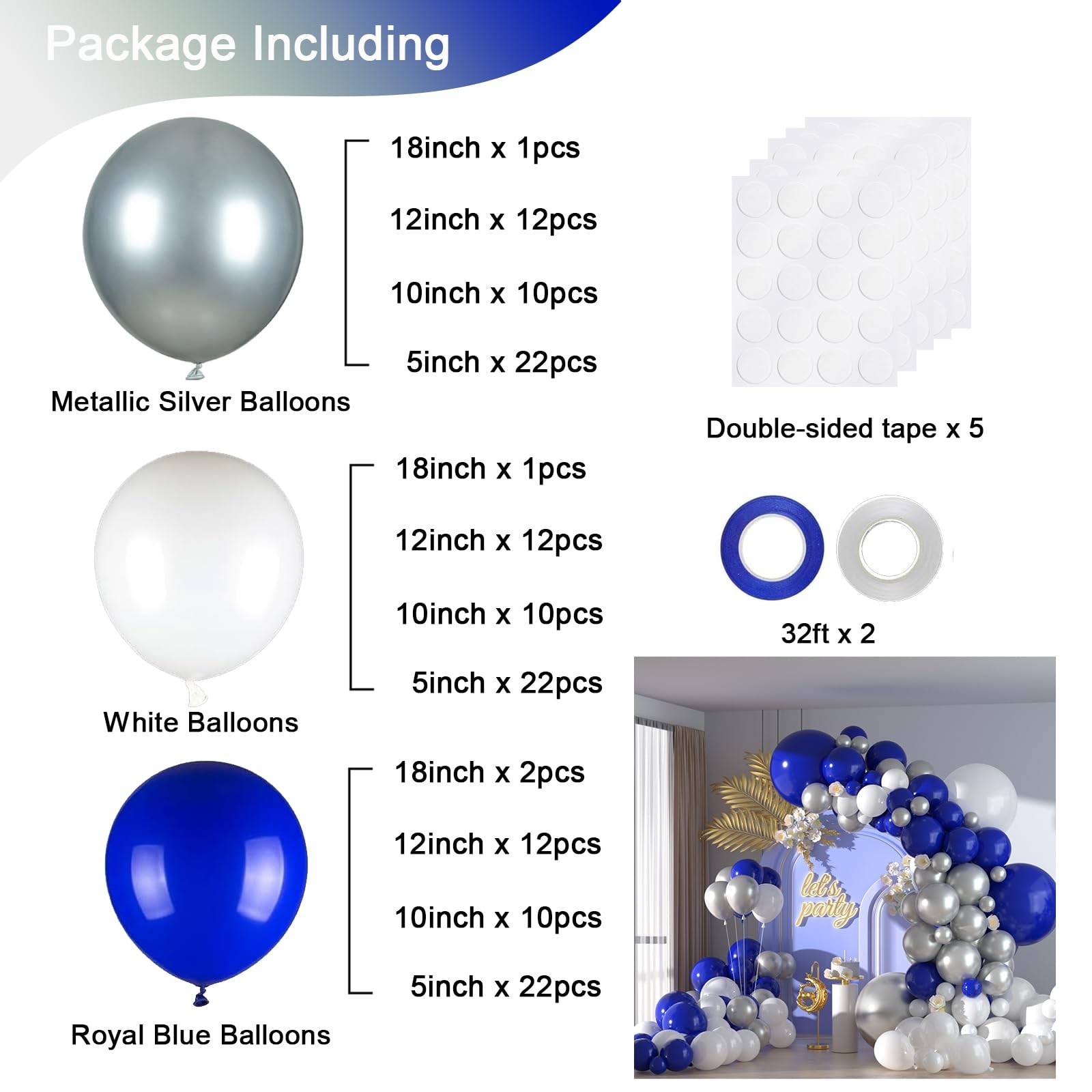136pcs Blue White Silver Balloon Garland Kit 18/12/10/5 Inch Royal Blue, Sil…