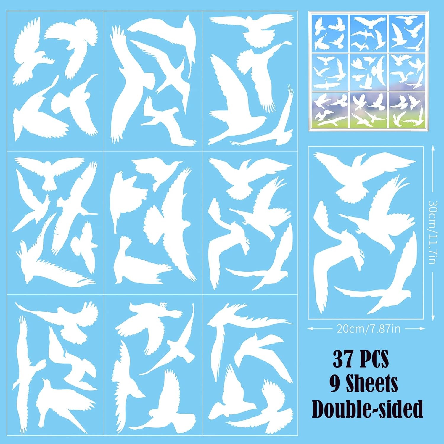 37Pcs Anti Collision Window Clings, Save The Birds from Strikes, White
