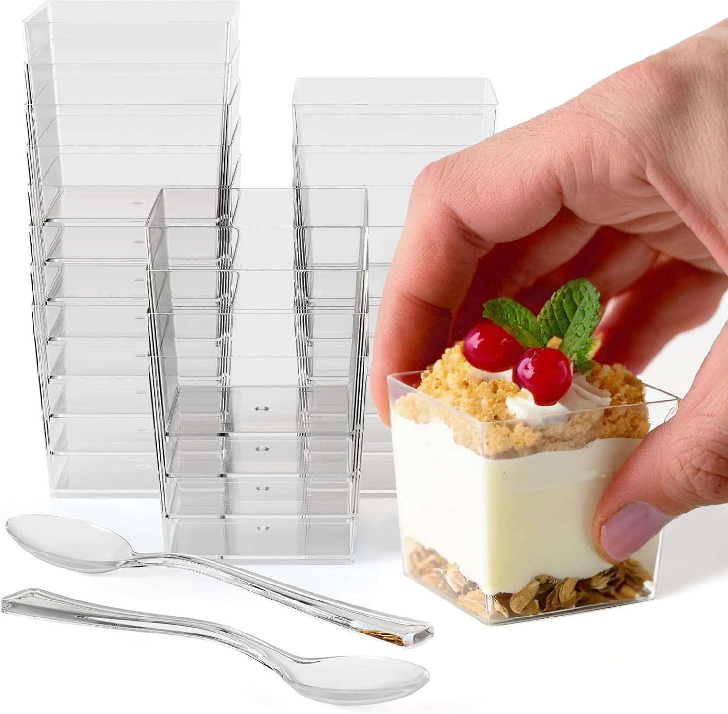 Mini Dessert Cups with Spoons 200 Pcs – 3.1 Oz Square Plastic Dessert Cups Dispo