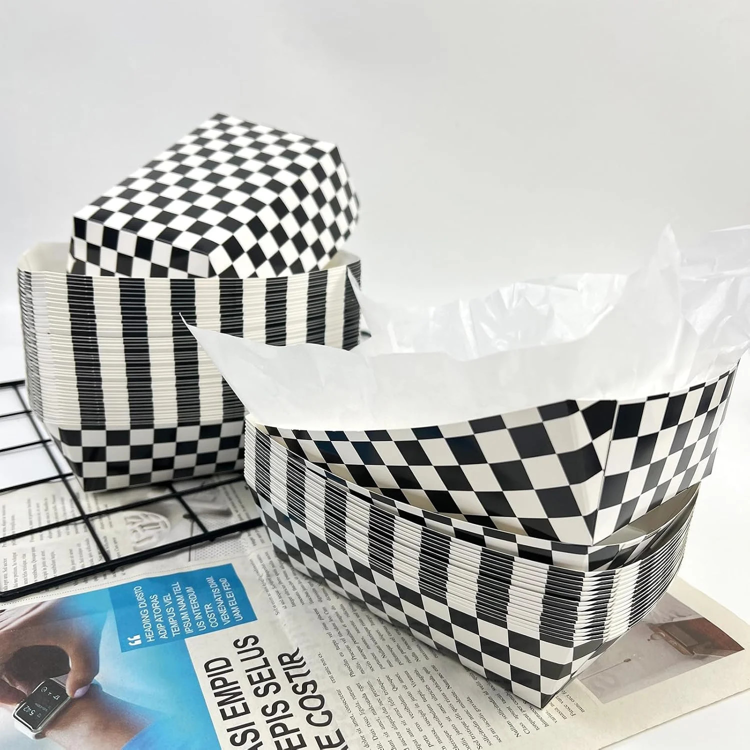100 Pcs Checkered Race Car Paper Food Trays with 100 Deli Liner, Disposable Pape