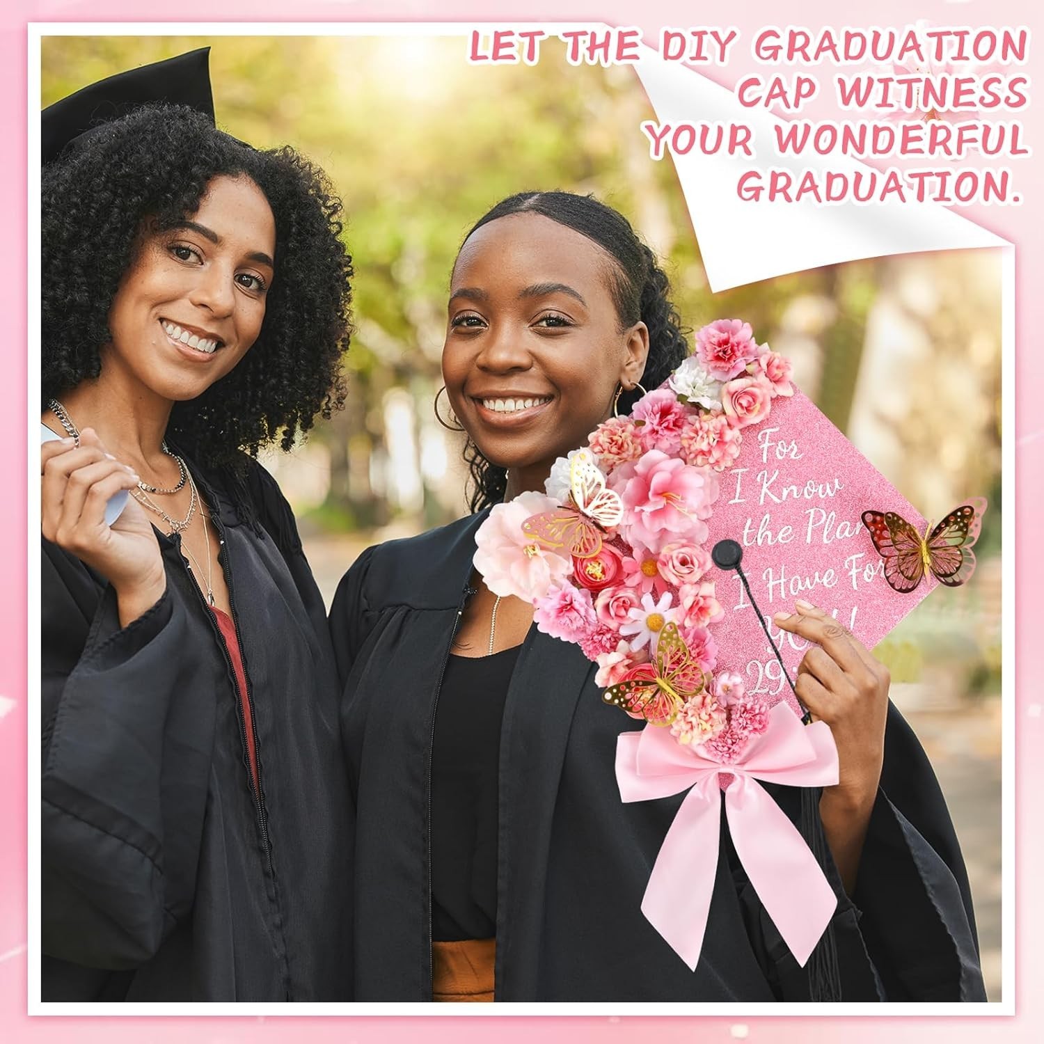 55 Pcs Pink DIY Graduation Cap Decorations Faux Assorted Flowers Pink Bows 3D…