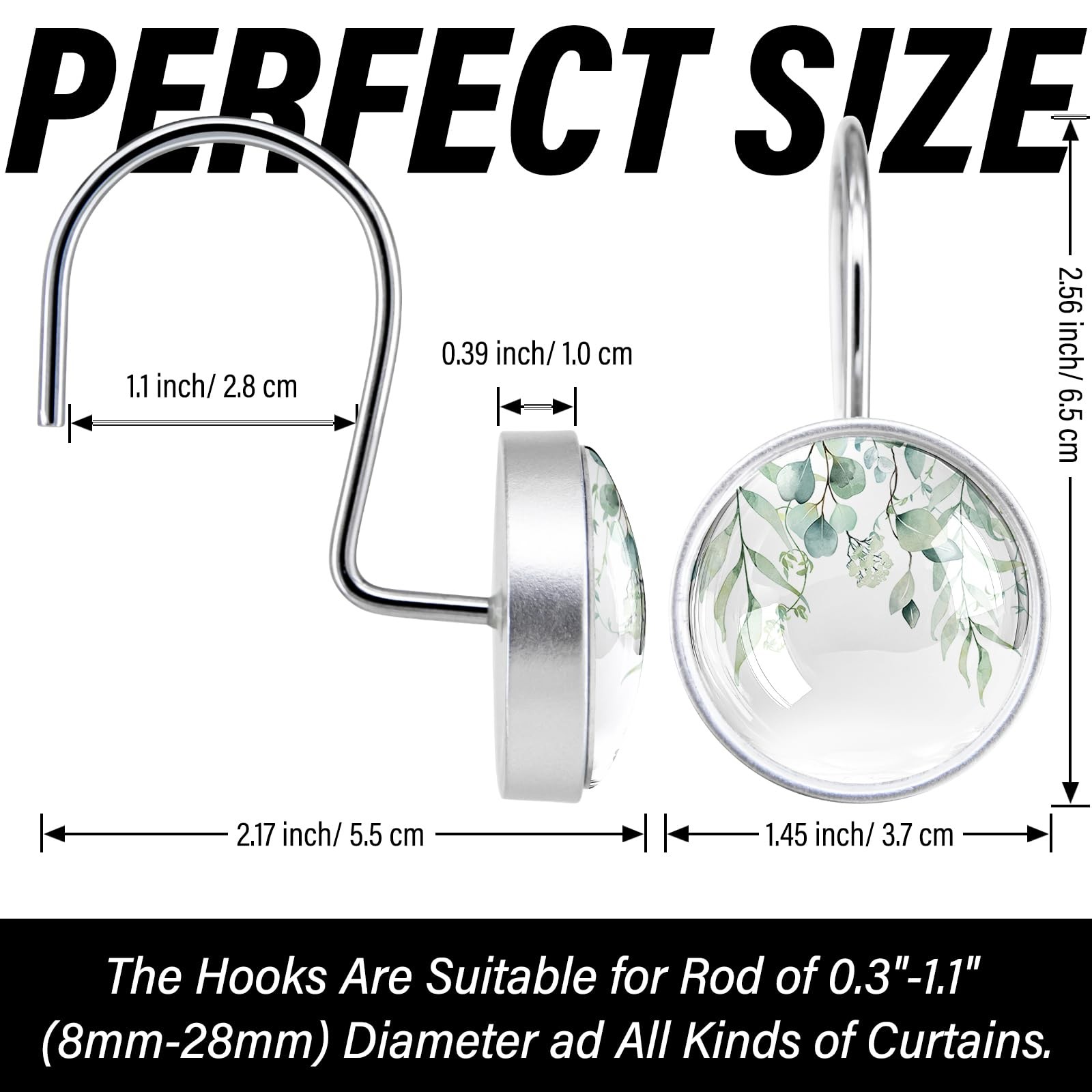 12 Pcs Sage Green Eucalyptus Shower Curtain Hooks – Rustproof Stainless Steel Ri