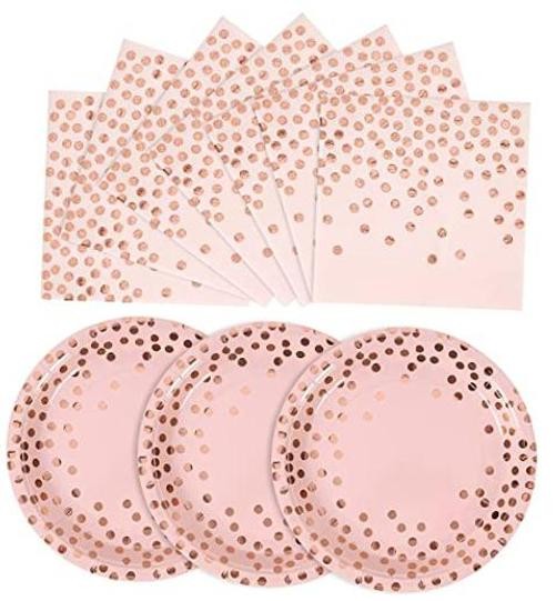 Pink and Rose Gold Paper Plates-50 Pack- 25 * 7inch Modern-50PCS Pink Rose Gold
