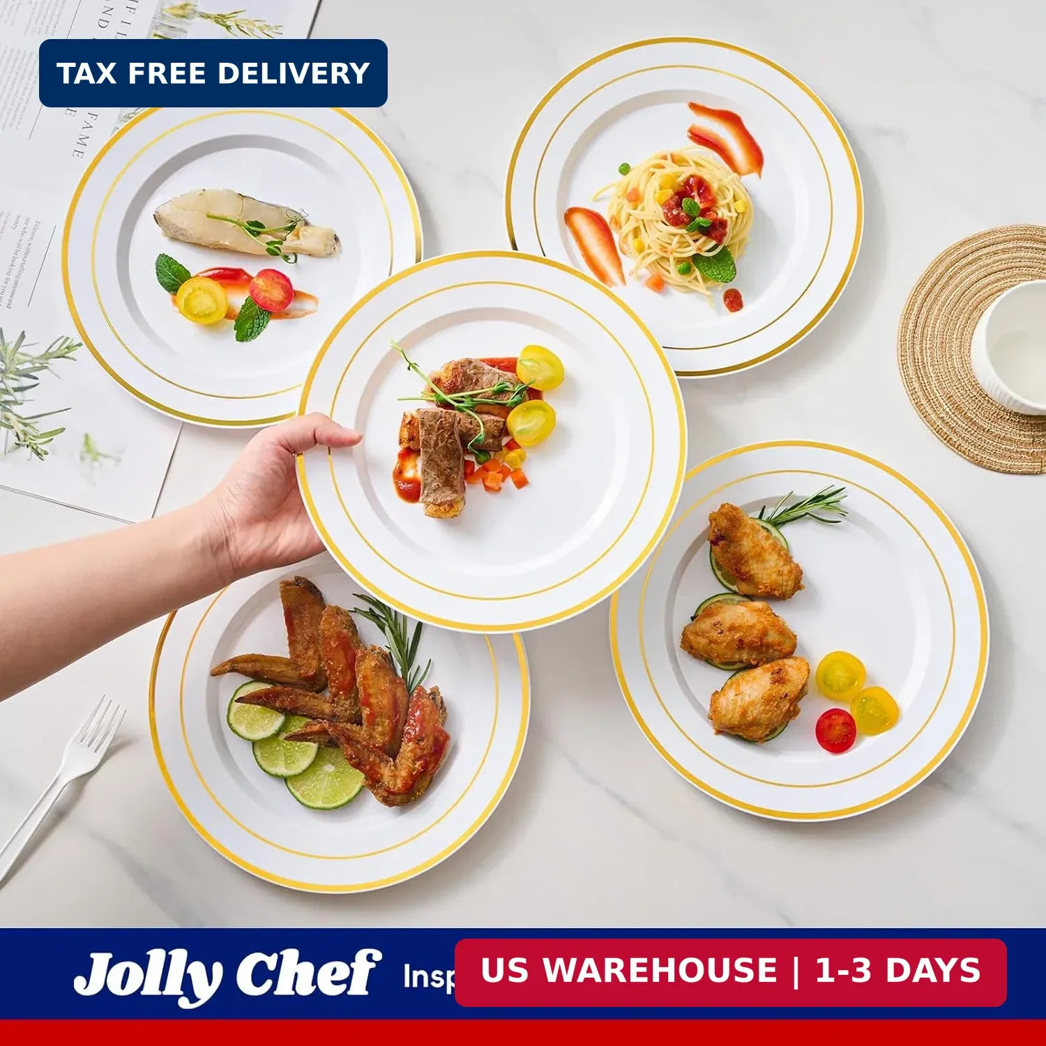 JOLLY CHEF 100 Pieces Gold Plastic Plates, 10 Inch Elegant Disposable Dinner Whi