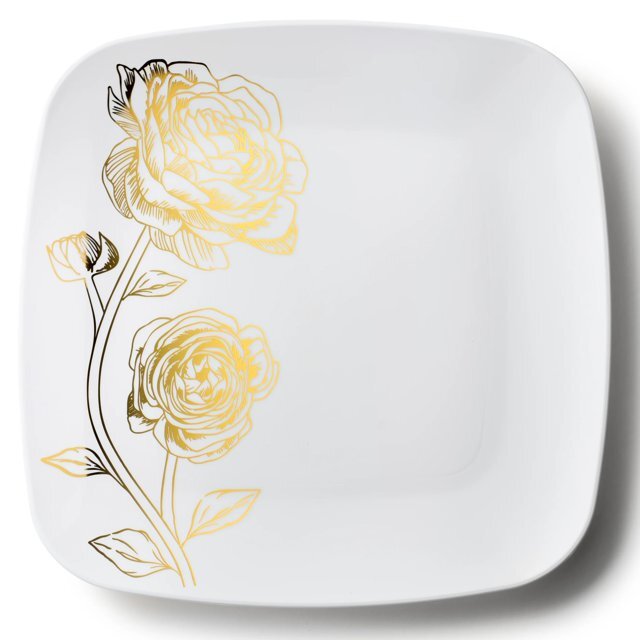 Peony Collection White & Silver Gold Square Dinner Heavyweight Disposable Plates