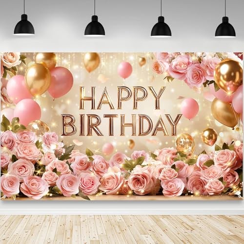 Rose Gold Happy Birthday Backdrop Banner for Women | Pink Floral Happy 6×3.6ft