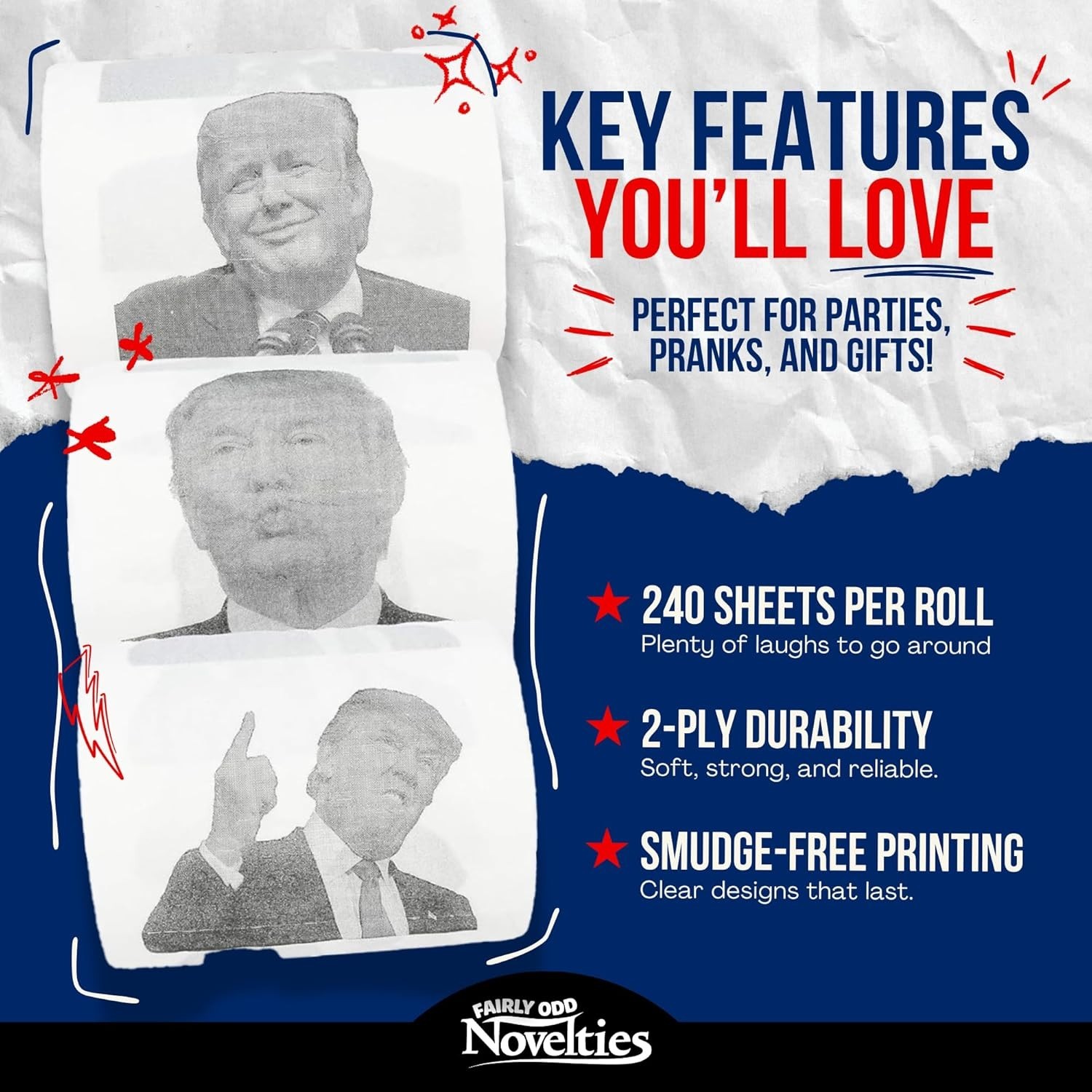 Donald Trump Toilet Paper – 3 Ply Funny Novelty Gag, 200 Sheets, Prank Gift Pack