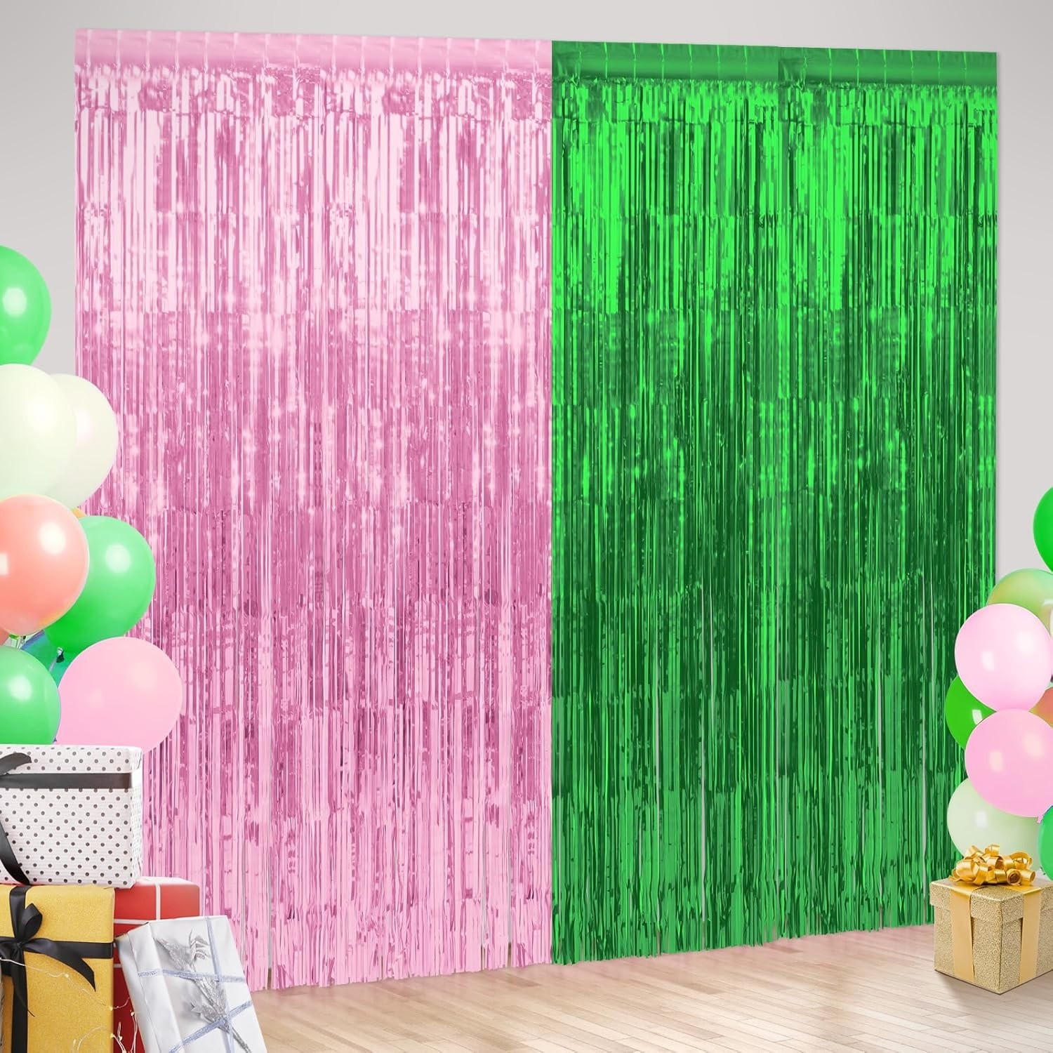 4 Pack Foil Fringe Curtain Backdrop 3.3×6.6 Ft Pink Green Witch Party