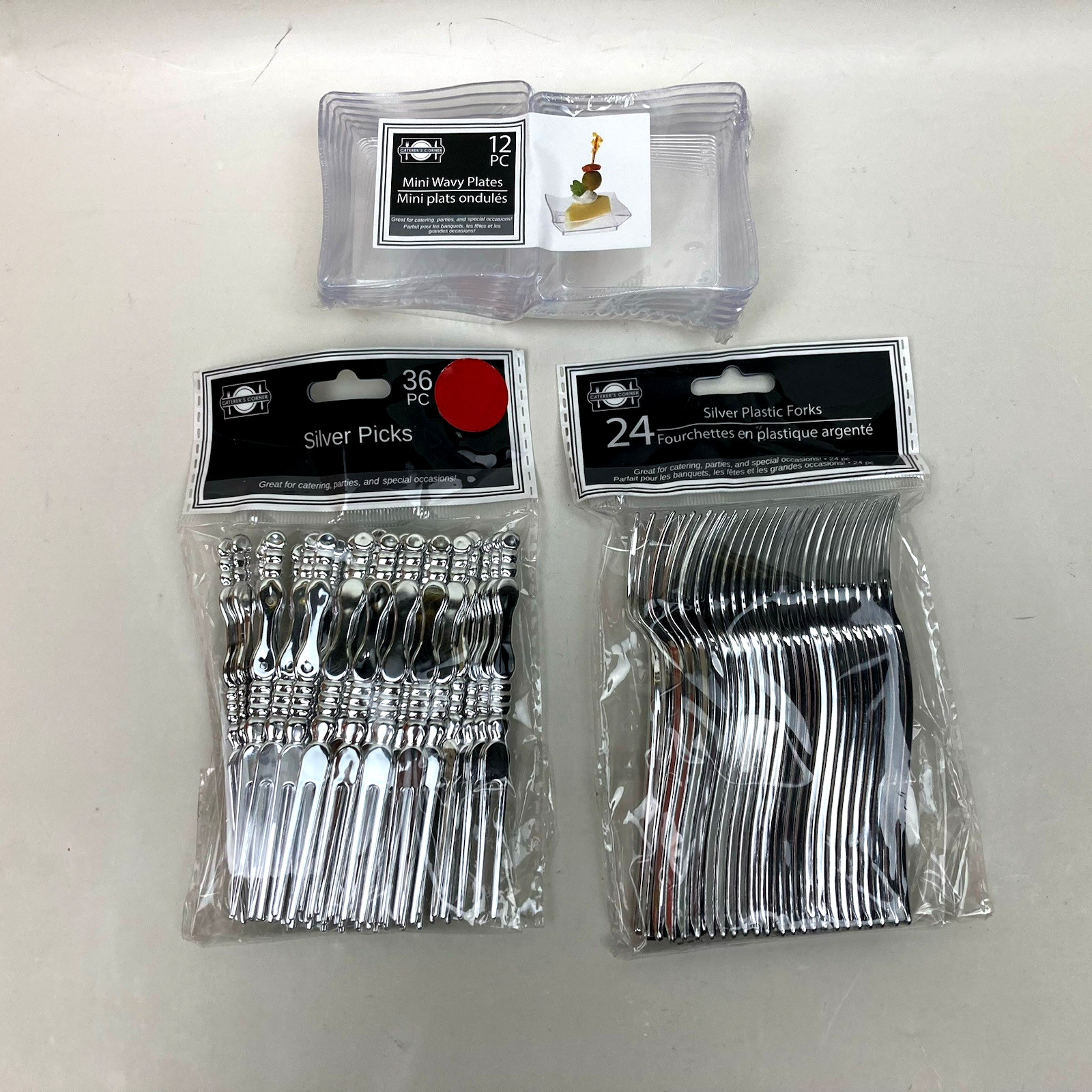 Catere’s Corner MINI PLASTIC 12 Wavy Plates, 36 Silver Picks, 24 Silver Forks