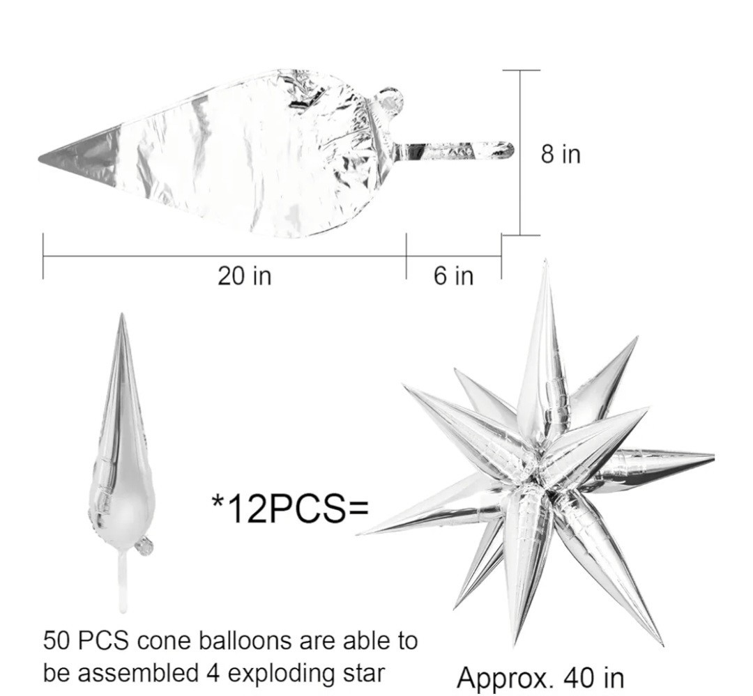 50 Pc 40″ Silver Star Explosion Metallic Mylar 12 Point Foil Cone Spike Balloons