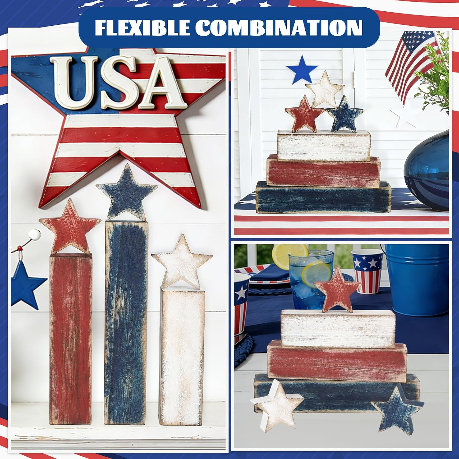 4Th of July Table Decorations, Red White Blue Decorations, Retro Patriotic Memor