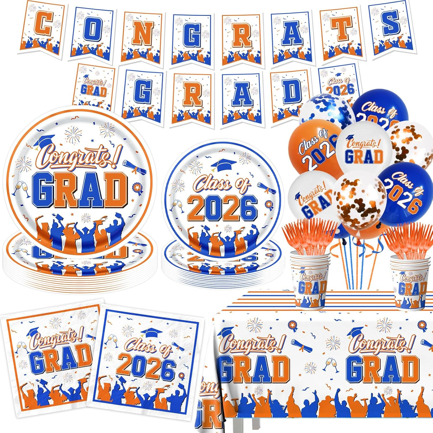Orange Blue Graduation Decorations 2026, 167Pcs Graduation Plates and Napkins Co