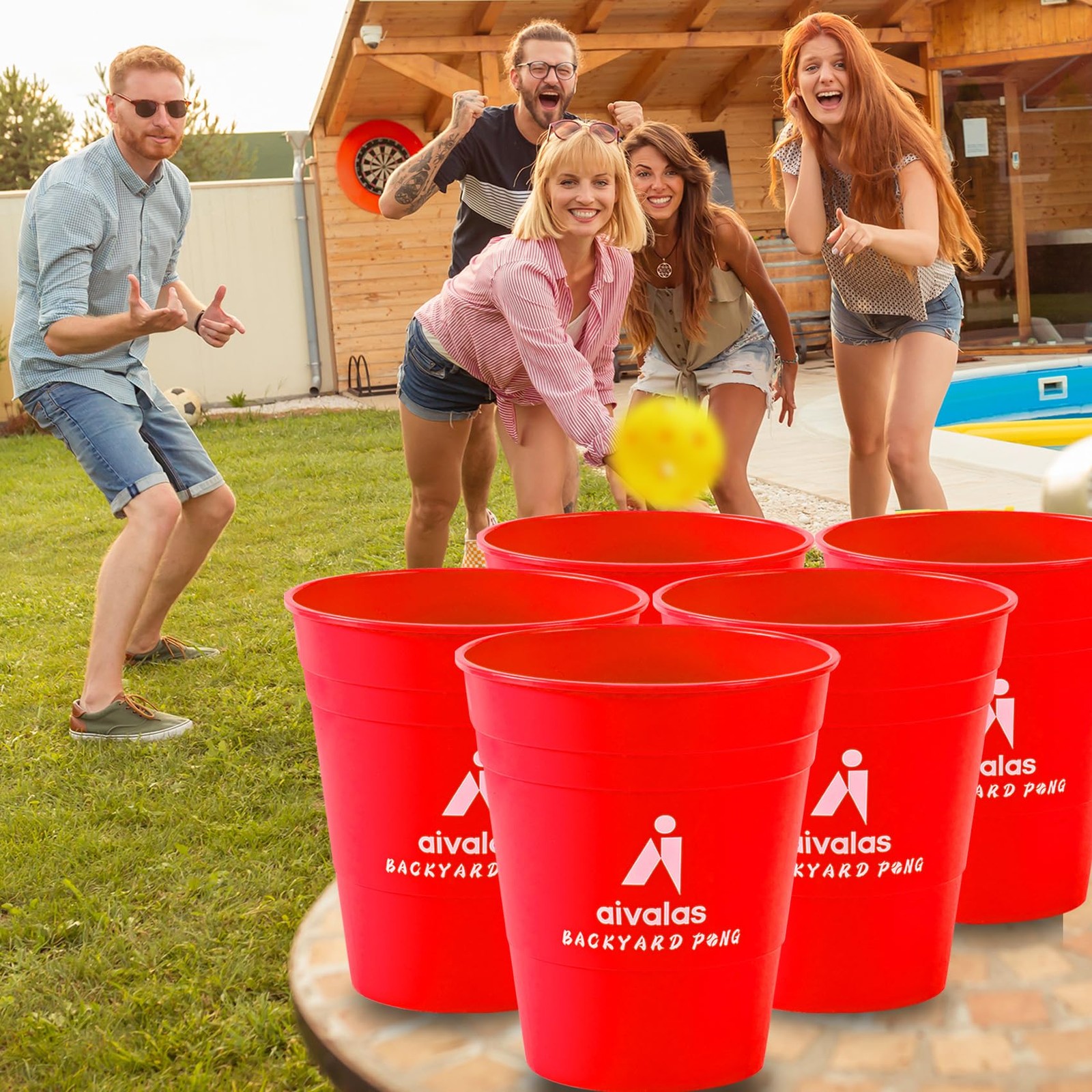 Aivalas Yard Pong Giant Outdoor Toss Games XL Buckets with Giant, Red