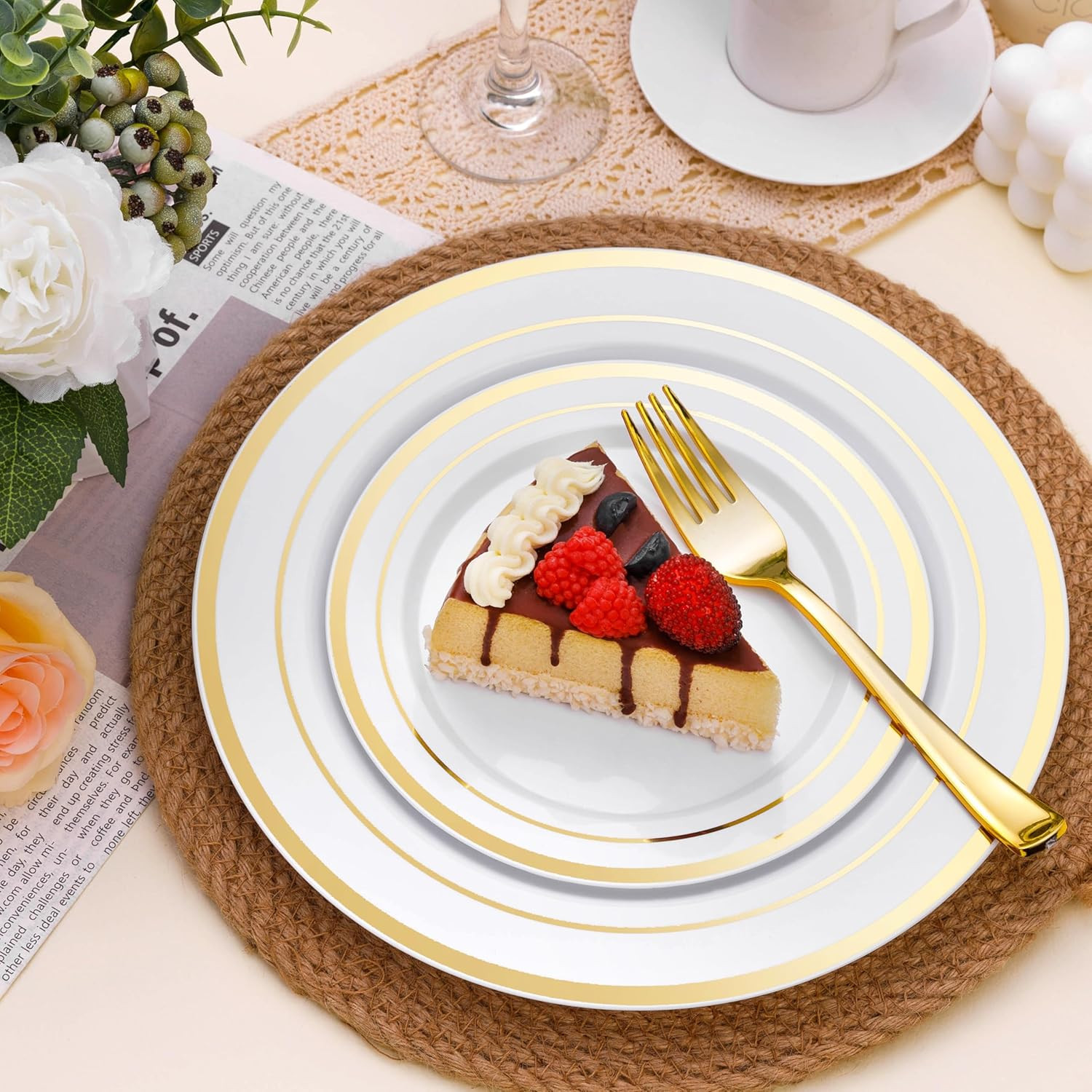 100PCS White Plastic Plates for Party, 10.25 Inch Disposable Plates with Gold Ri