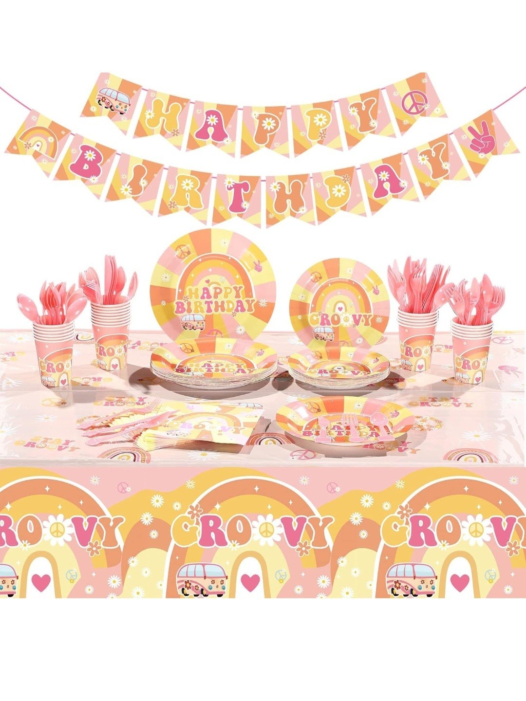 Groovy Birthday Party Supply Kit 189pcs Pink Yellow Plates Cups Napkins Banner