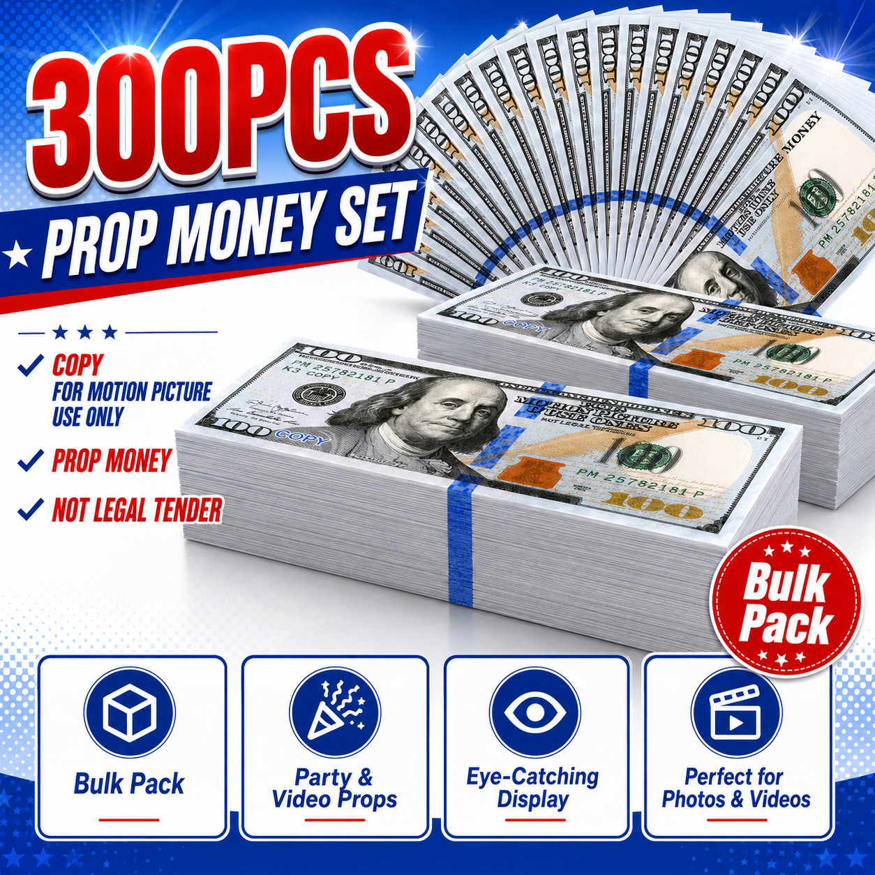 $100 Dollar Bills Prop Motion Picture Money $30,000 Total Fake Cash Movie Props