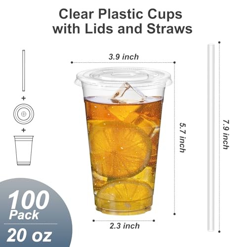 100 Pack – Clear Plastic Cups with Lids and Straws, Sturdy & Food 20 oz 100.0