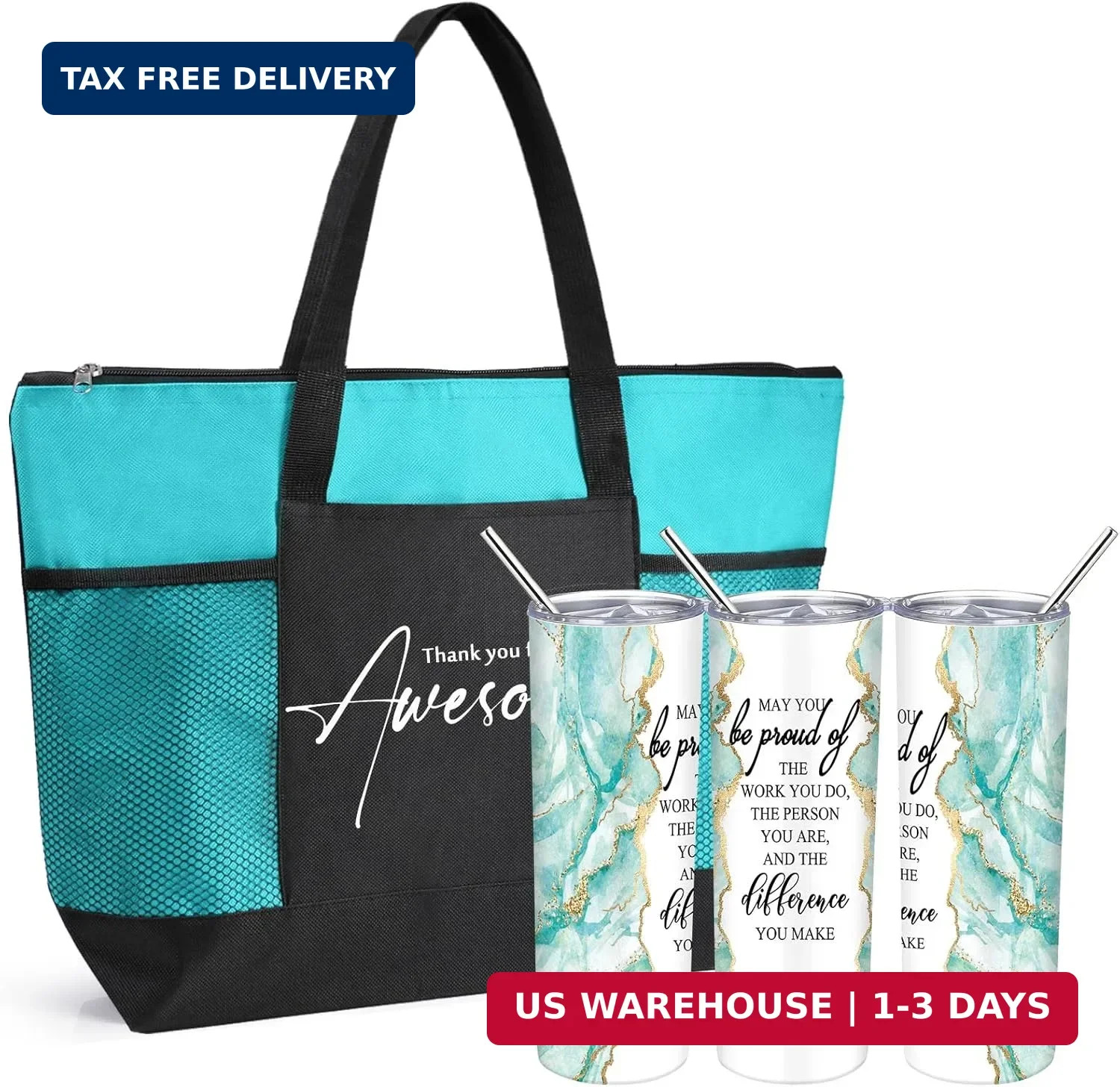 2 Pcs Thank You Gift Set 20 oz Marble Tumbler and Tote Bag for Women Employee