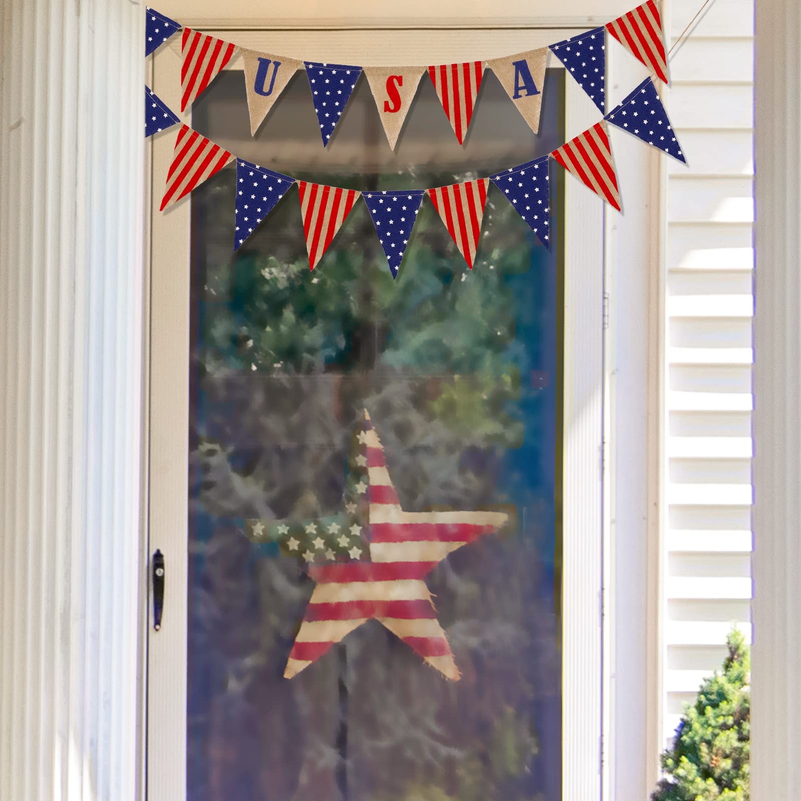 2 Pack Patriotic Burlap Banner 4th of July USA Flag Pennant Bunting Garland Red