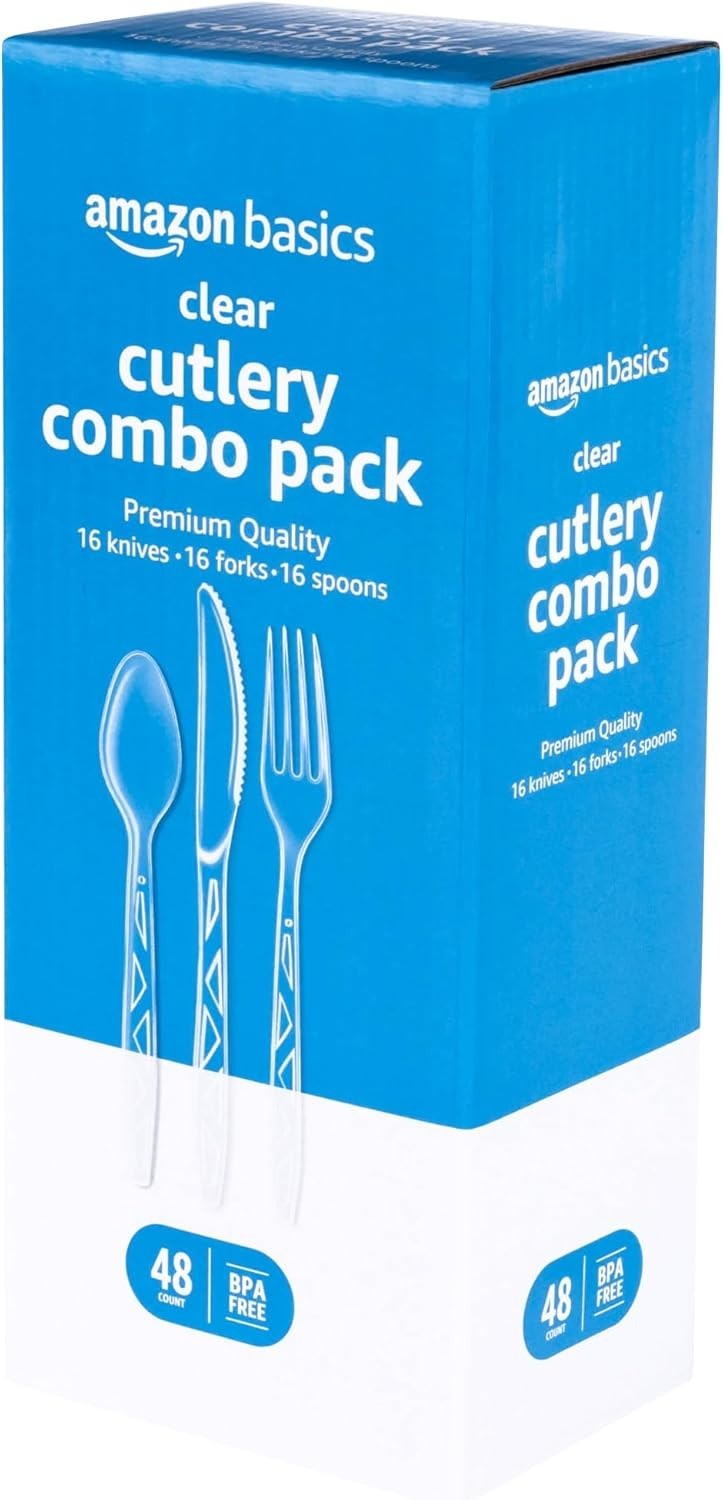 Amazon Basics Clear Plastic Cutlery Set 48 Count Forks Spoons Knives BPA Free