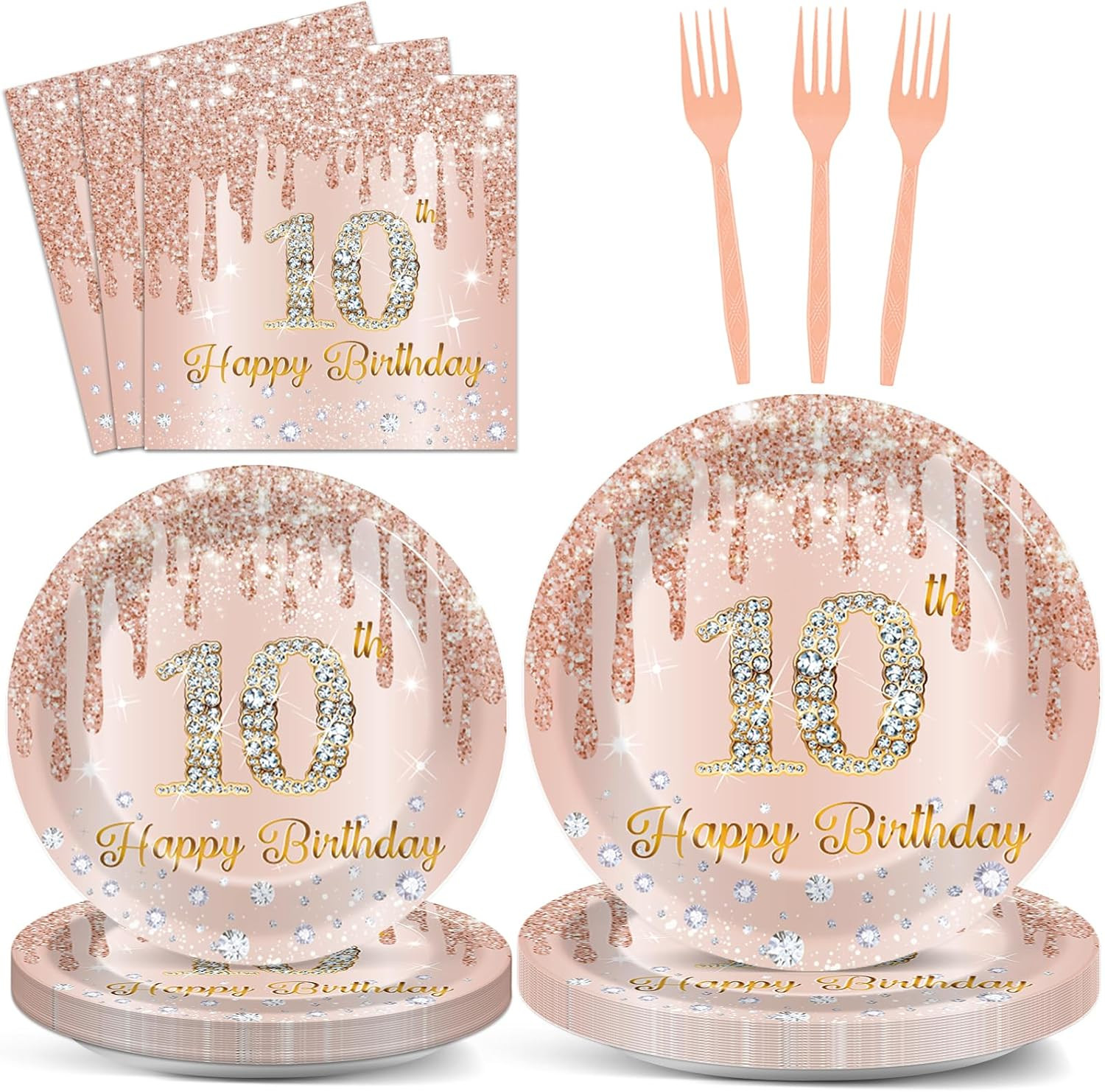 96 Pcs 10th Birthday Decoration for Girls Rose Gold 10th Birthday Plates and Na