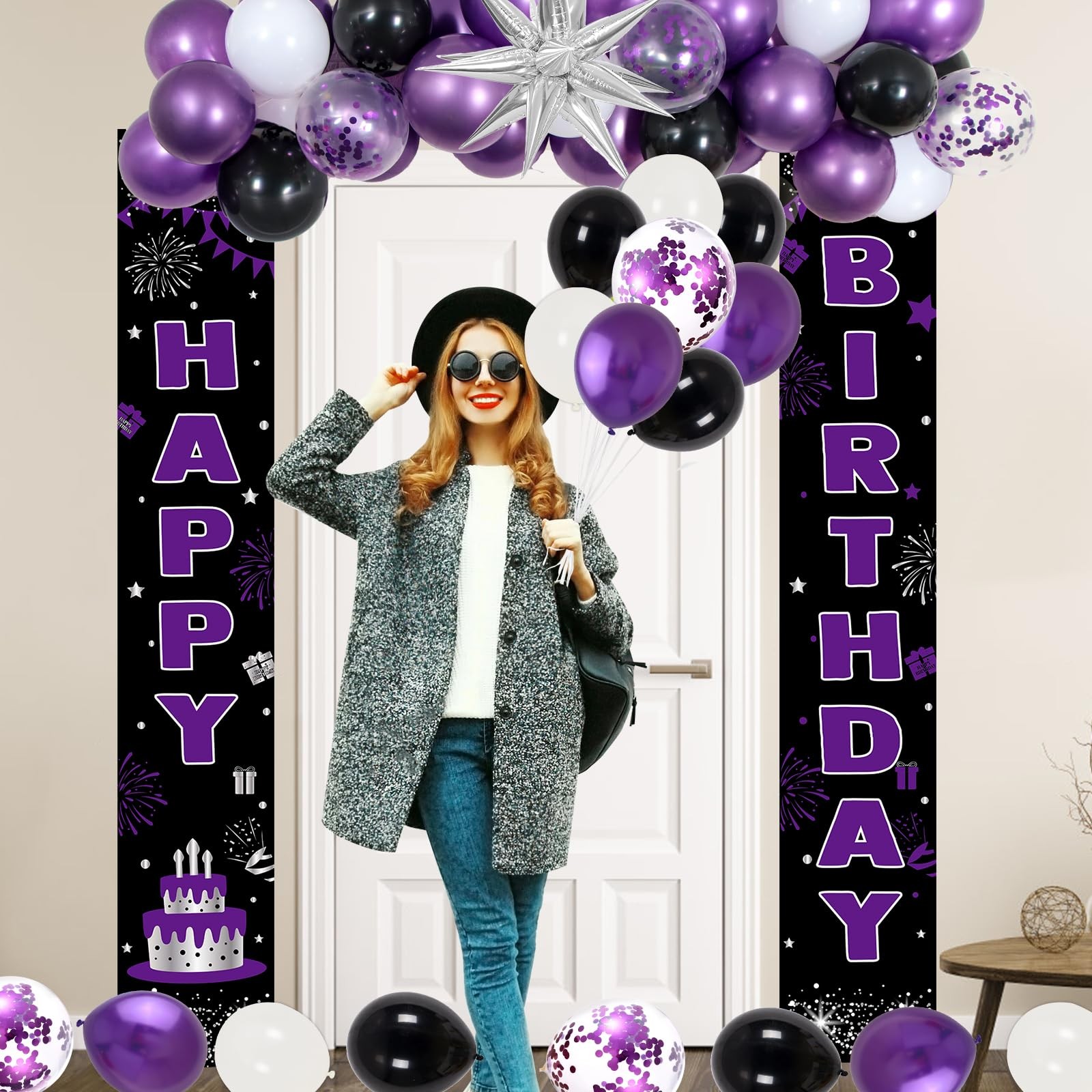 Black and Purple Birthday Decorations for Women Girls, Happy Birthday Decoration