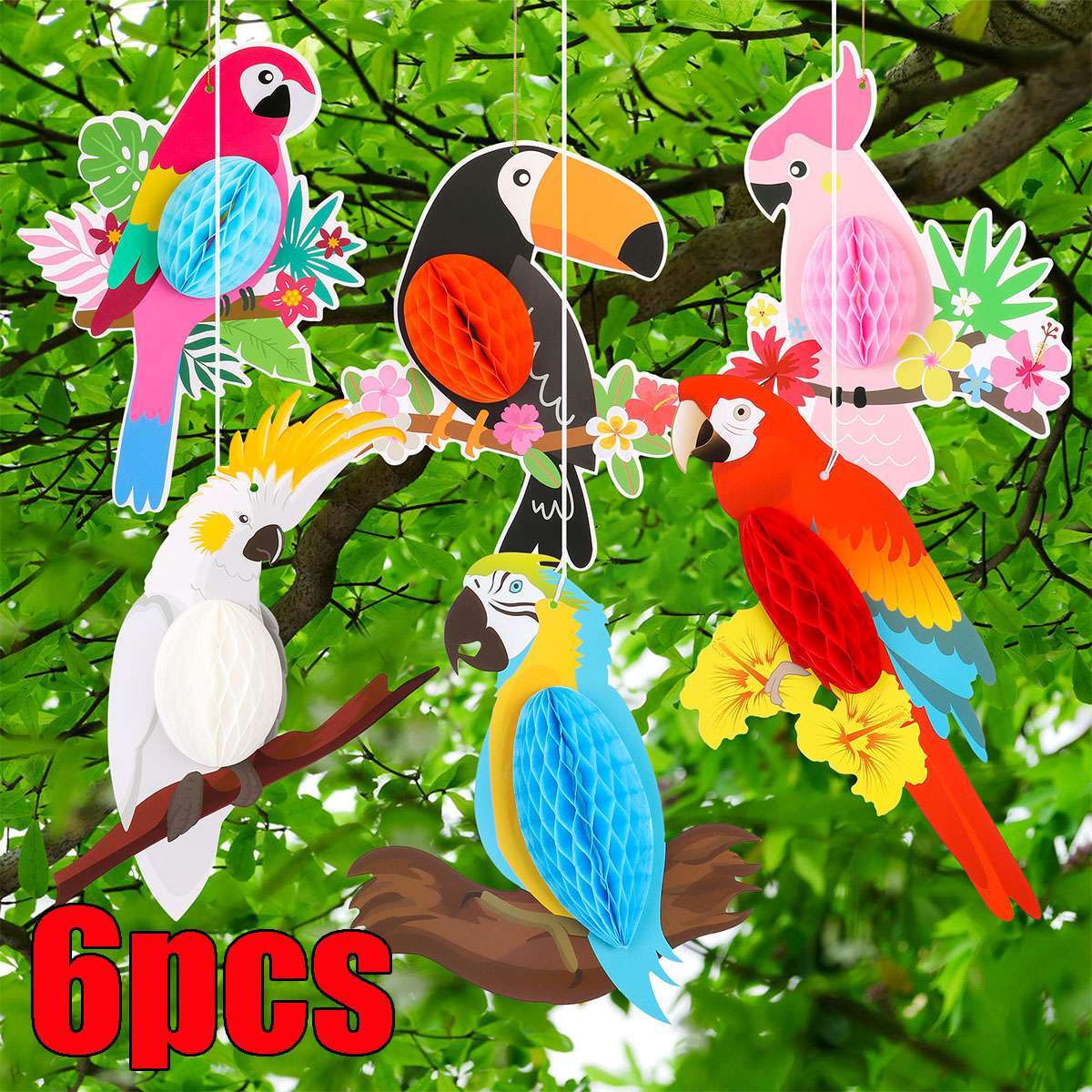 6x Tropical Birds Hanging Parrot Paper Honeycomb Hawaiian Party Bar Wall Decor