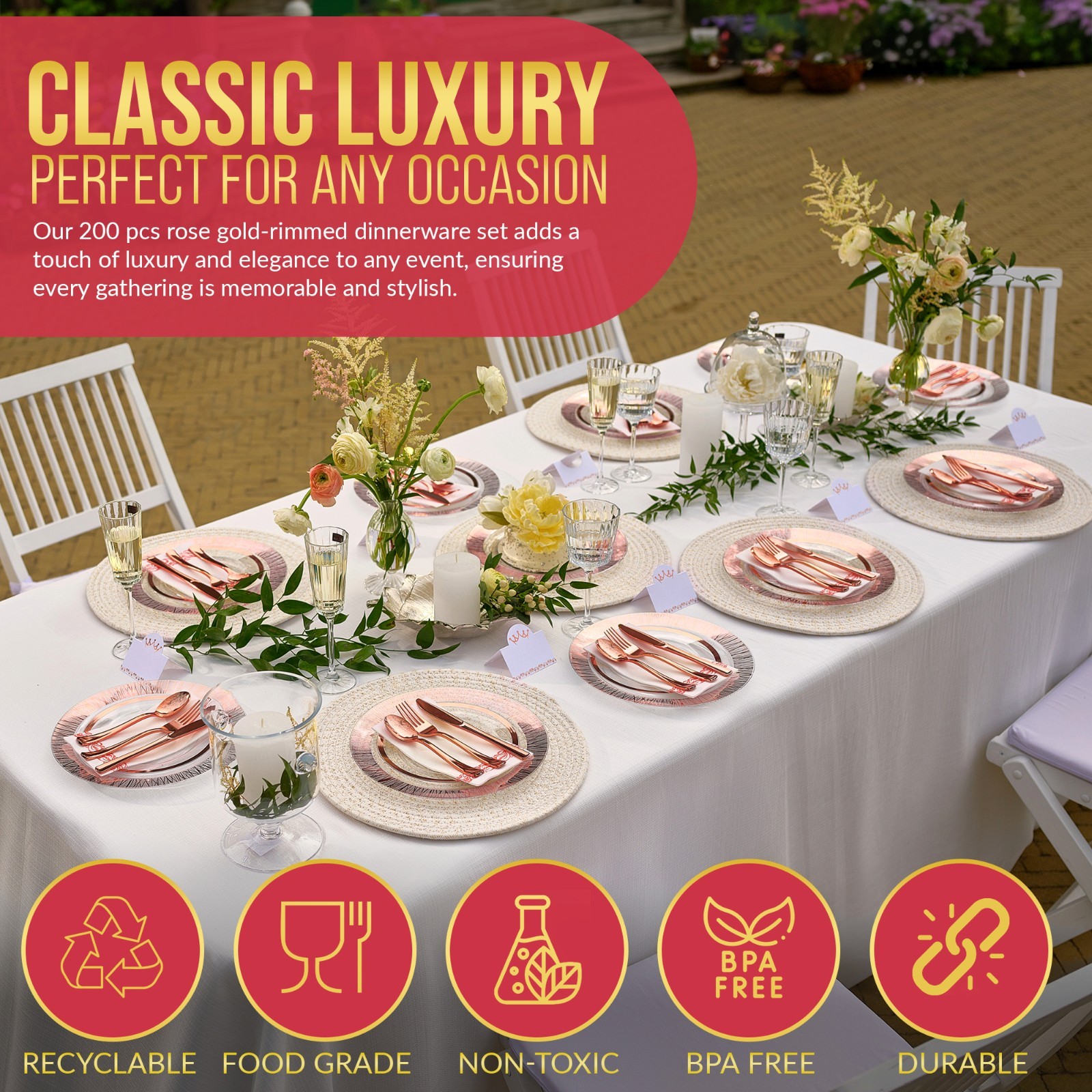 LAXORE 200 Pcs Plastic Disposable Dinner Plates Set for 25 Guests